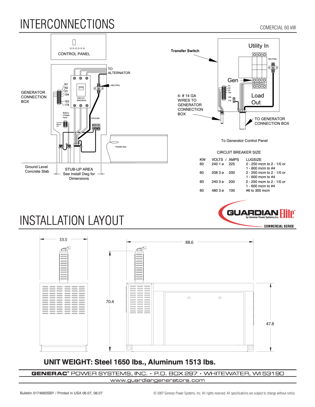 Generac Power Systems COMMERCIAL SERIES manual Interconnections, Installation Layout, COMERCIAL 60 kW, Commercial Series 