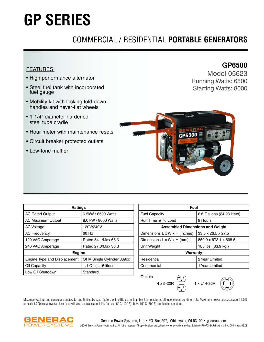 Generac Power Systems GP6500 dimensions GP Series, Commercial / Residential Portable Generators, Model 