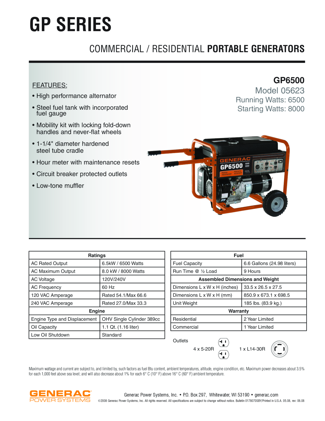 Generac Power Systems GP6500 dimensions Gp Series, Commercial / Residential Portable Generators, Model, Low-tonemuffler 