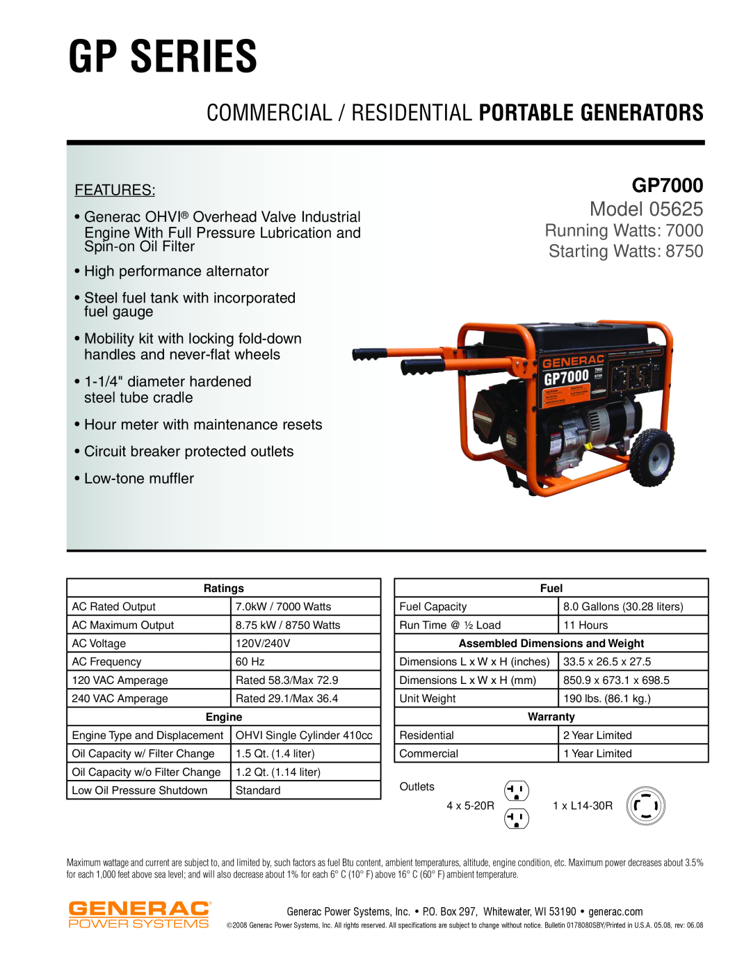Generac Power Systems GP7000 dimensions Gp Series, Commercial / Residential Portable Generators, Model, FEATURes, Ratings 