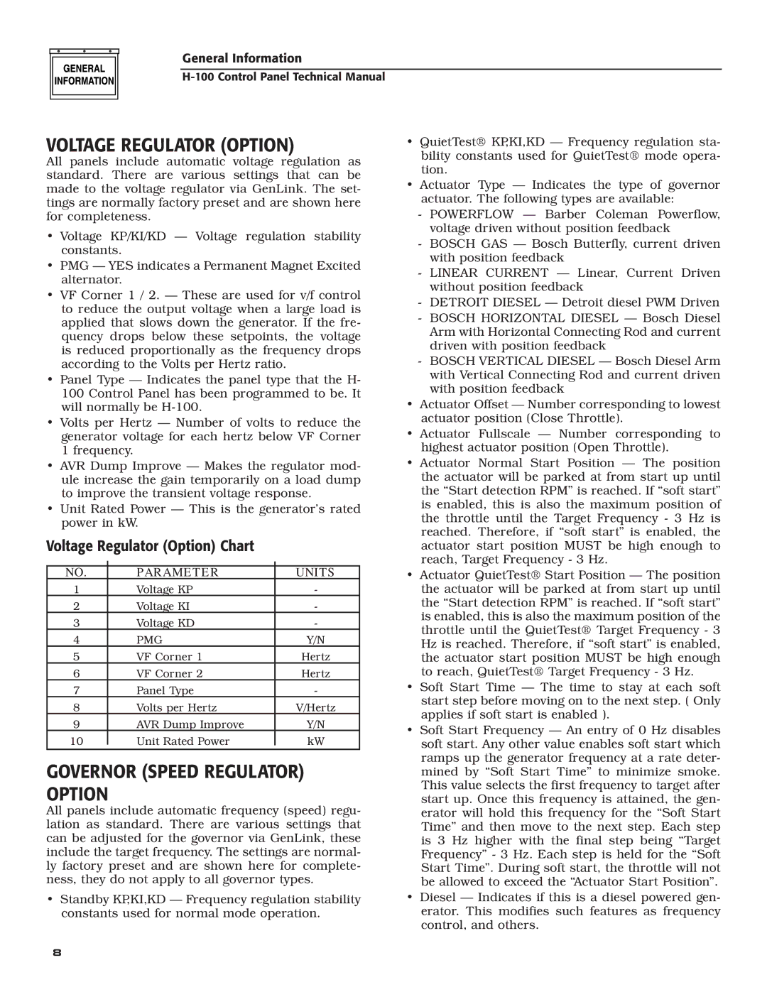 Generac Power Systems H-100 technical manual Governor Speed Regulator Option, Voltage Regulator Option Chart 