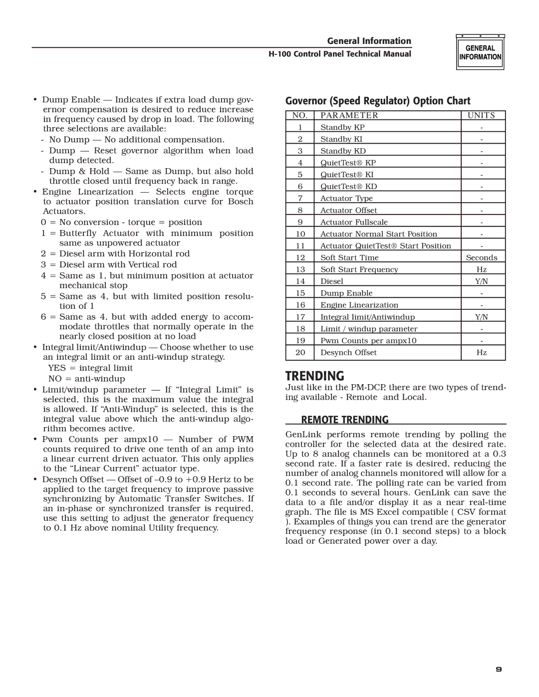 Generac Power Systems H-100 technical manual Governor Speed Regulator Option Chart, ‹ Remote Trending 