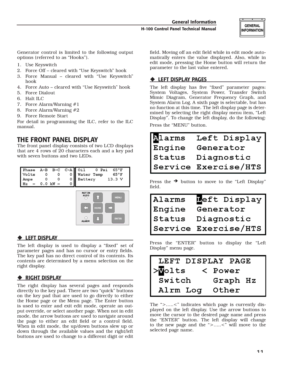 Generac Power Systems H-100 technical manual Front Panel Display, ‹ Left Display Pages, ‹ Right Display 