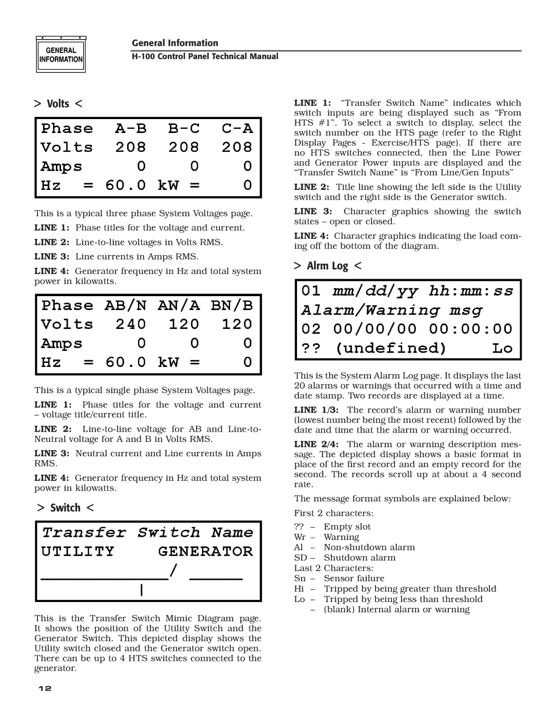 Generac Power Systems H-100 technical manual Volts, Switch, Alrm Log 