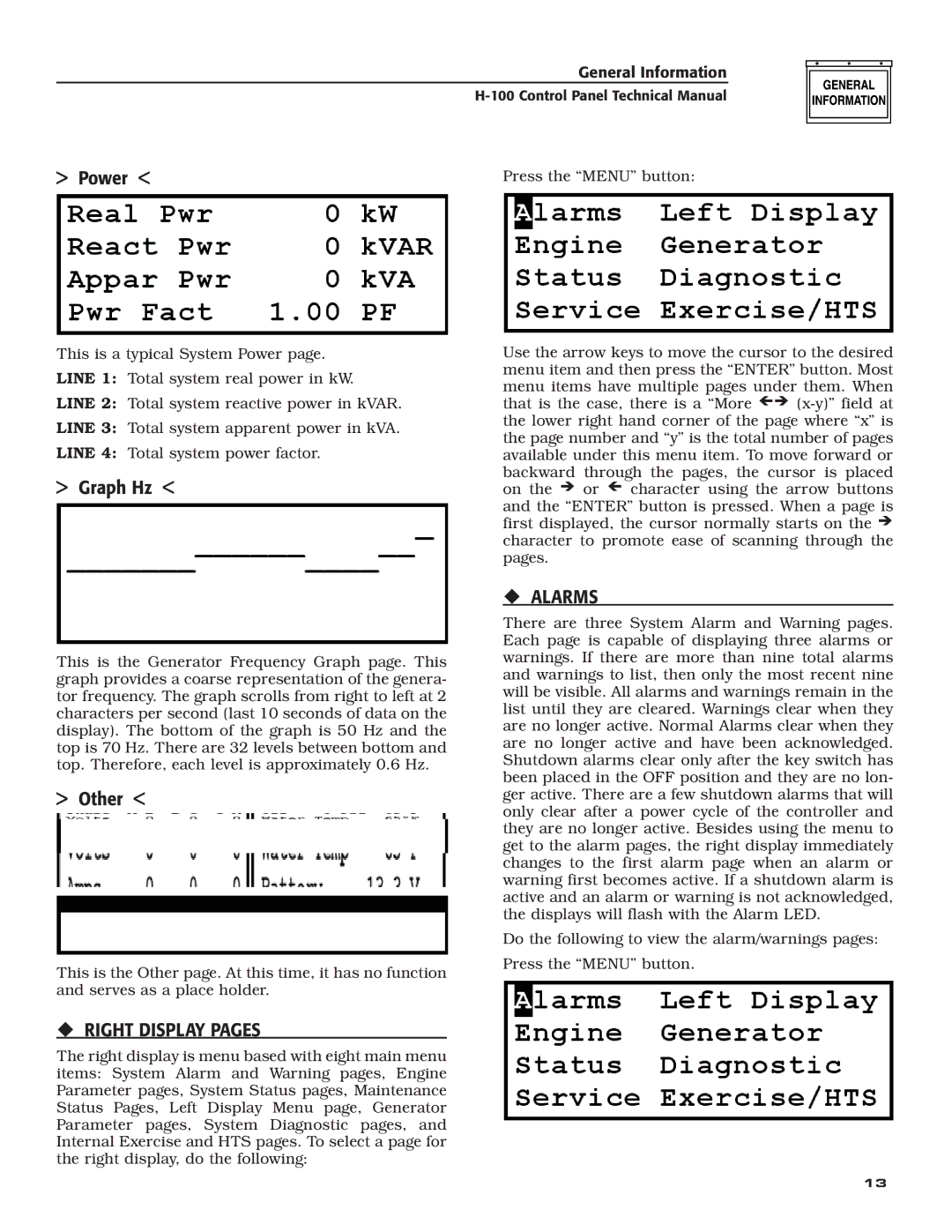 Generac Power Systems H-100 technical manual Power, Graph Hz, Other, ‹ Right Display Pages, ‹ Alarms 