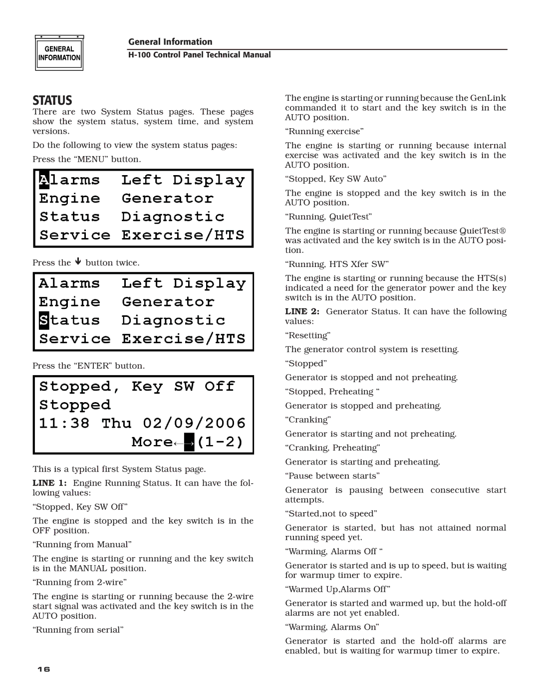 Generac Power Systems H-100 technical manual Status 