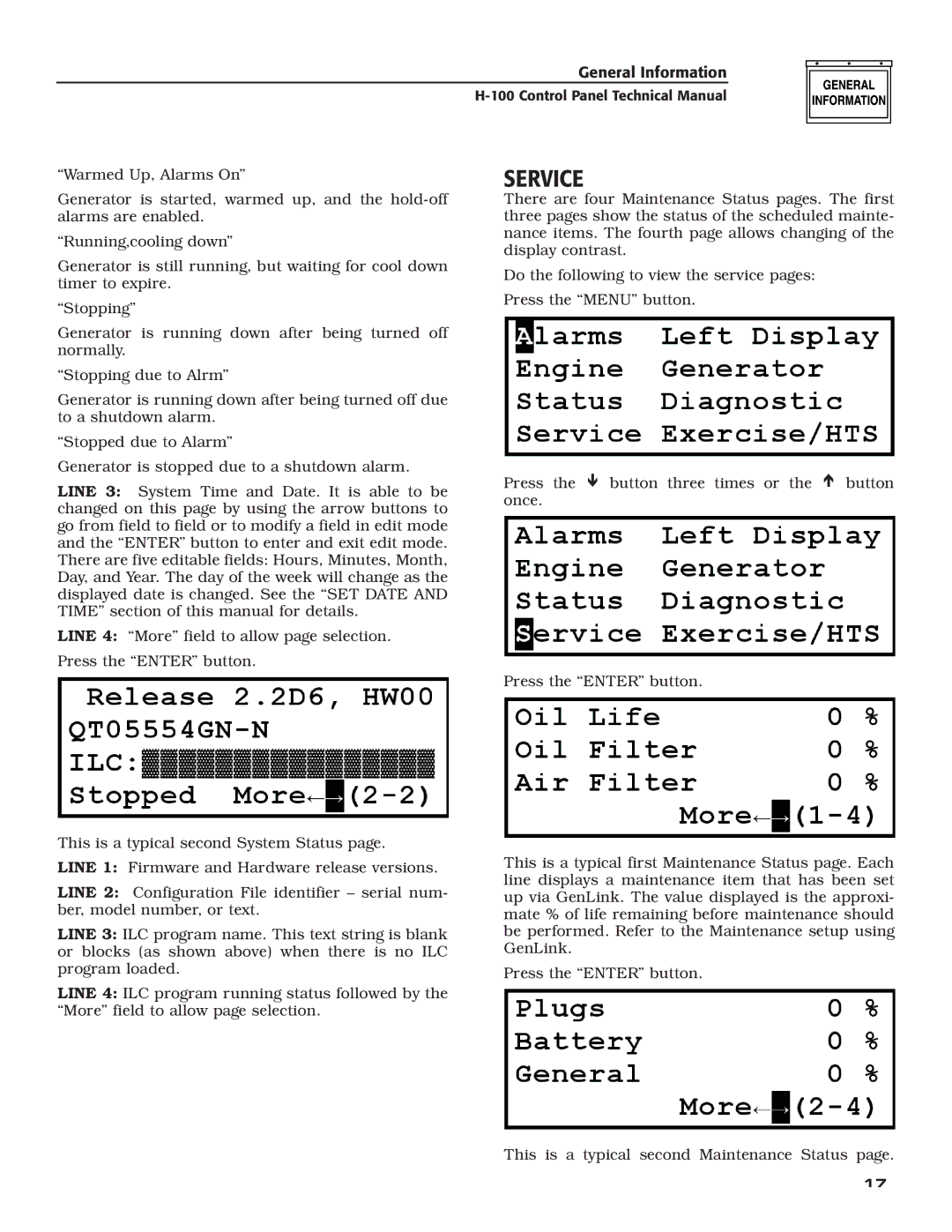 Generac Power Systems H-100 technical manual Service 