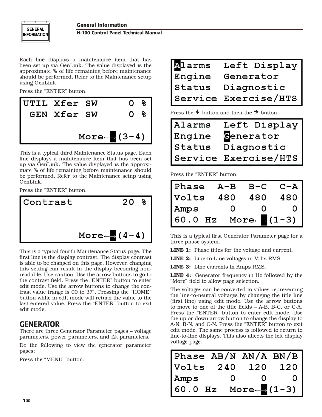 Generac Power Systems H-100 technical manual Generator 