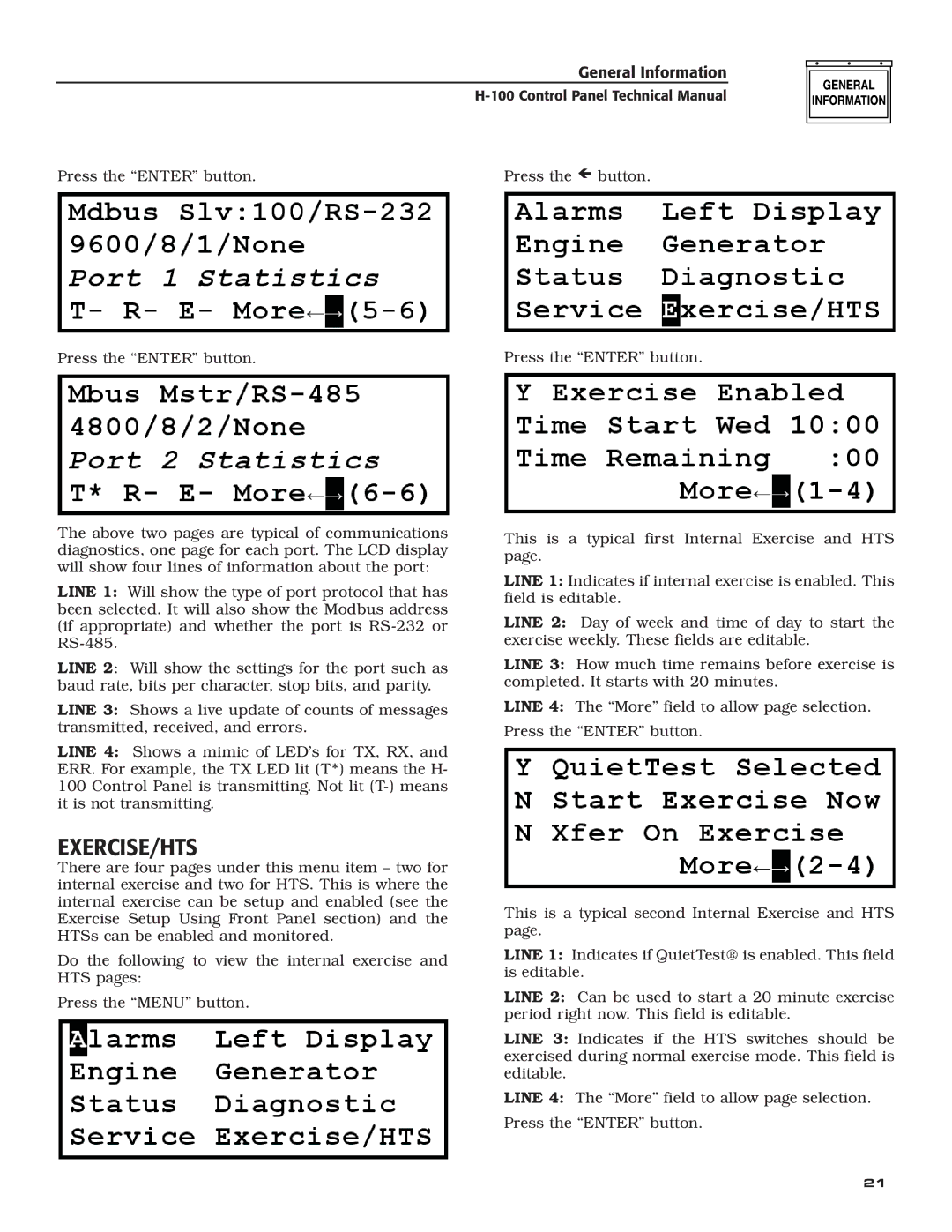 Generac Power Systems H-100 technical manual Exercise/Hts 