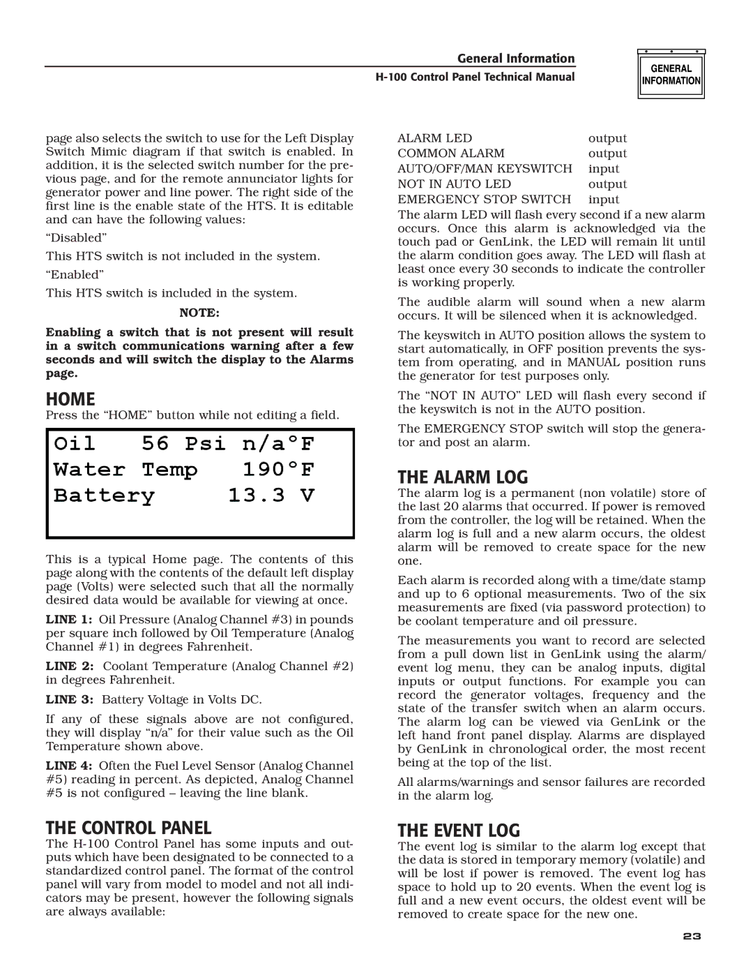 Generac Power Systems H-100 technical manual Home, Control Panel, Alarm LOG, Event LOG 