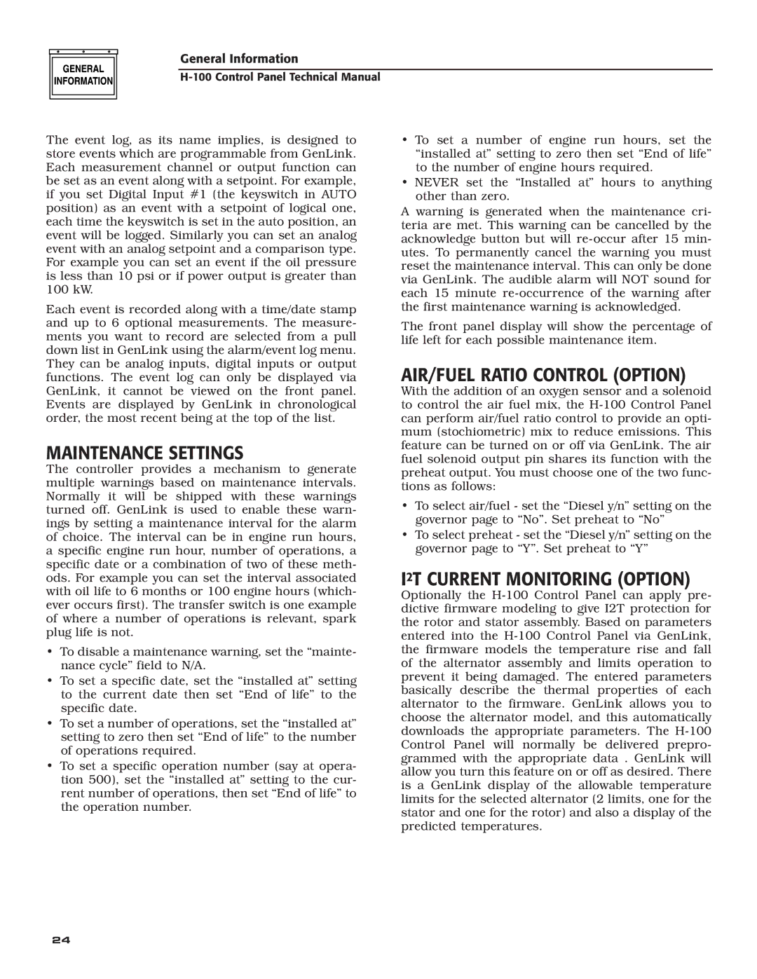 Generac Power Systems H-100 Maintenance Settings, AIR/FUEL Ratio Control Option, I2T Current Monitoring Option 