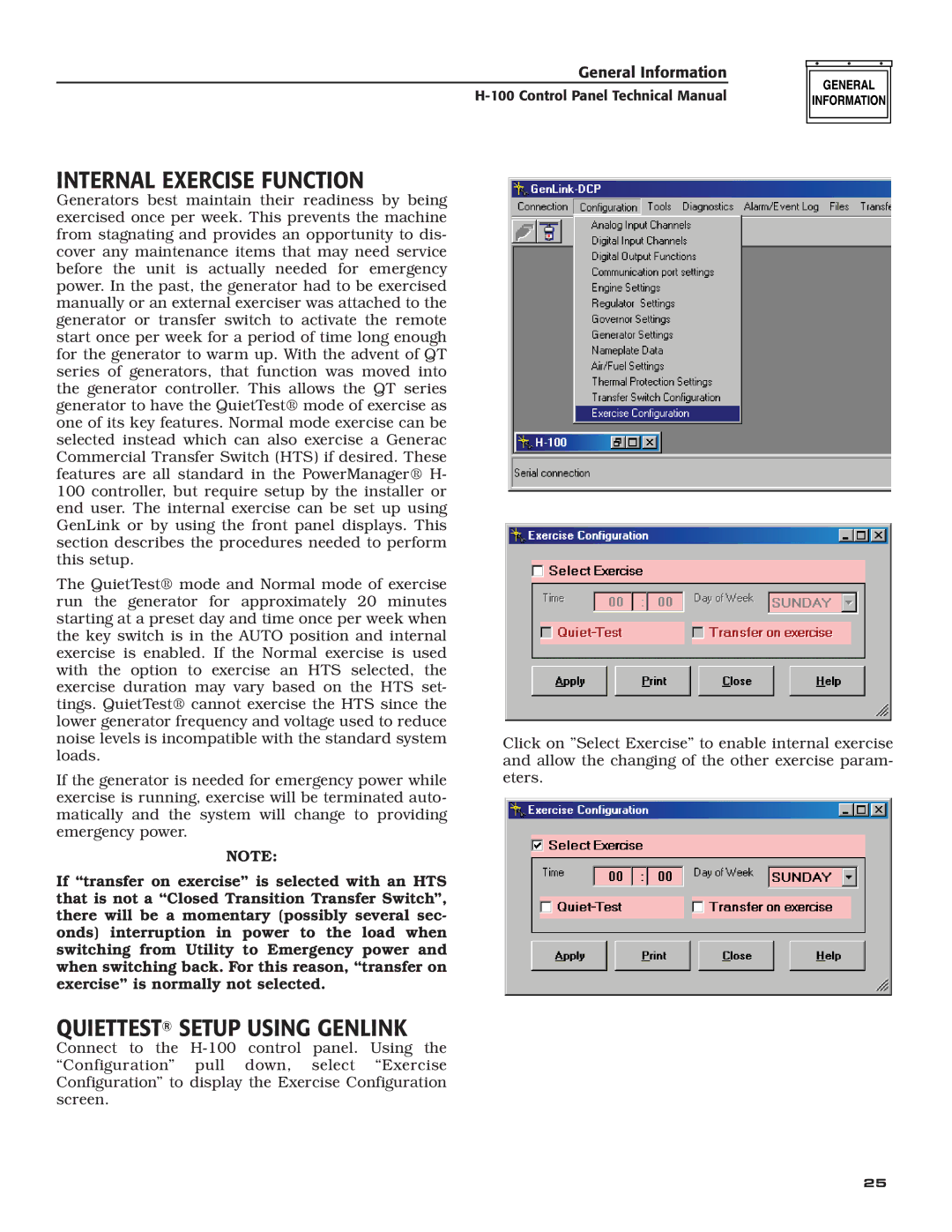 Generac Power Systems H-100 technical manual Internal Exercise Function, Quiettest Setup Using Genlink 