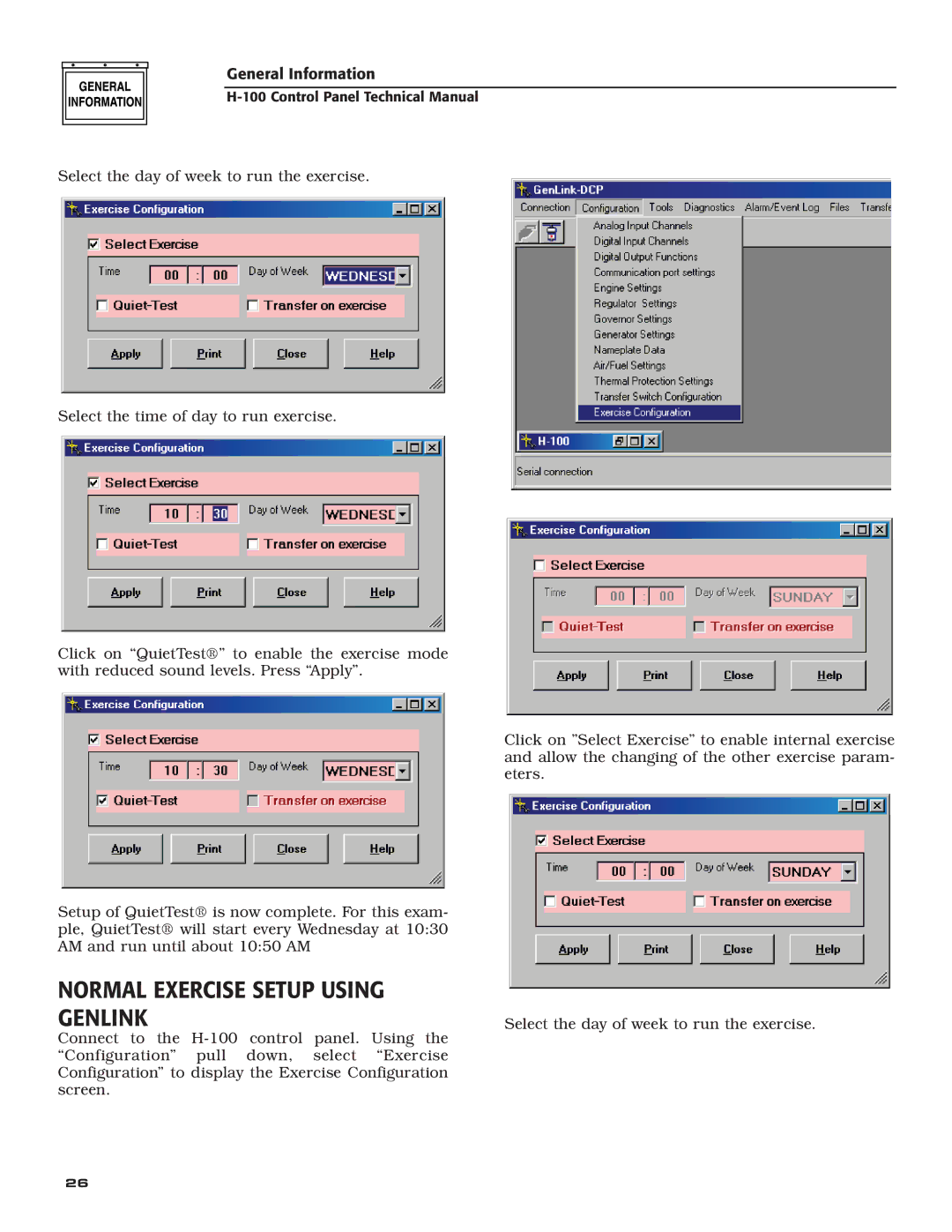 Generac Power Systems H-100 technical manual Normal Exercise Setup Using Genlink 