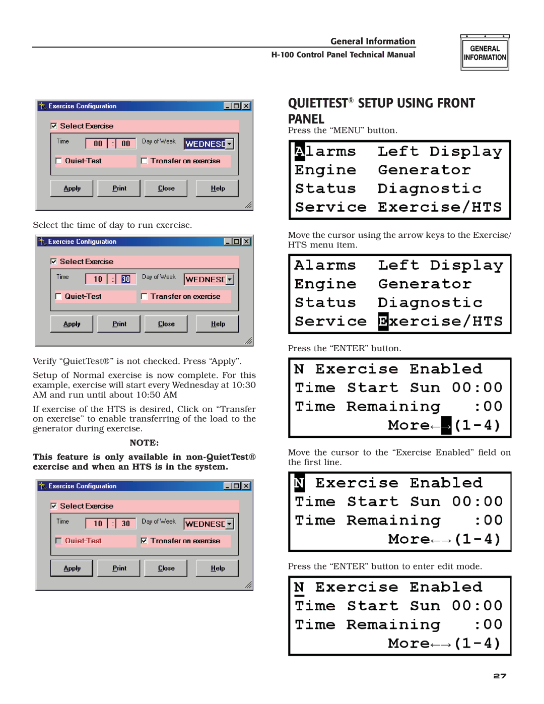 Generac Power Systems H-100 technical manual Quiettest Setup Using Front Panel 