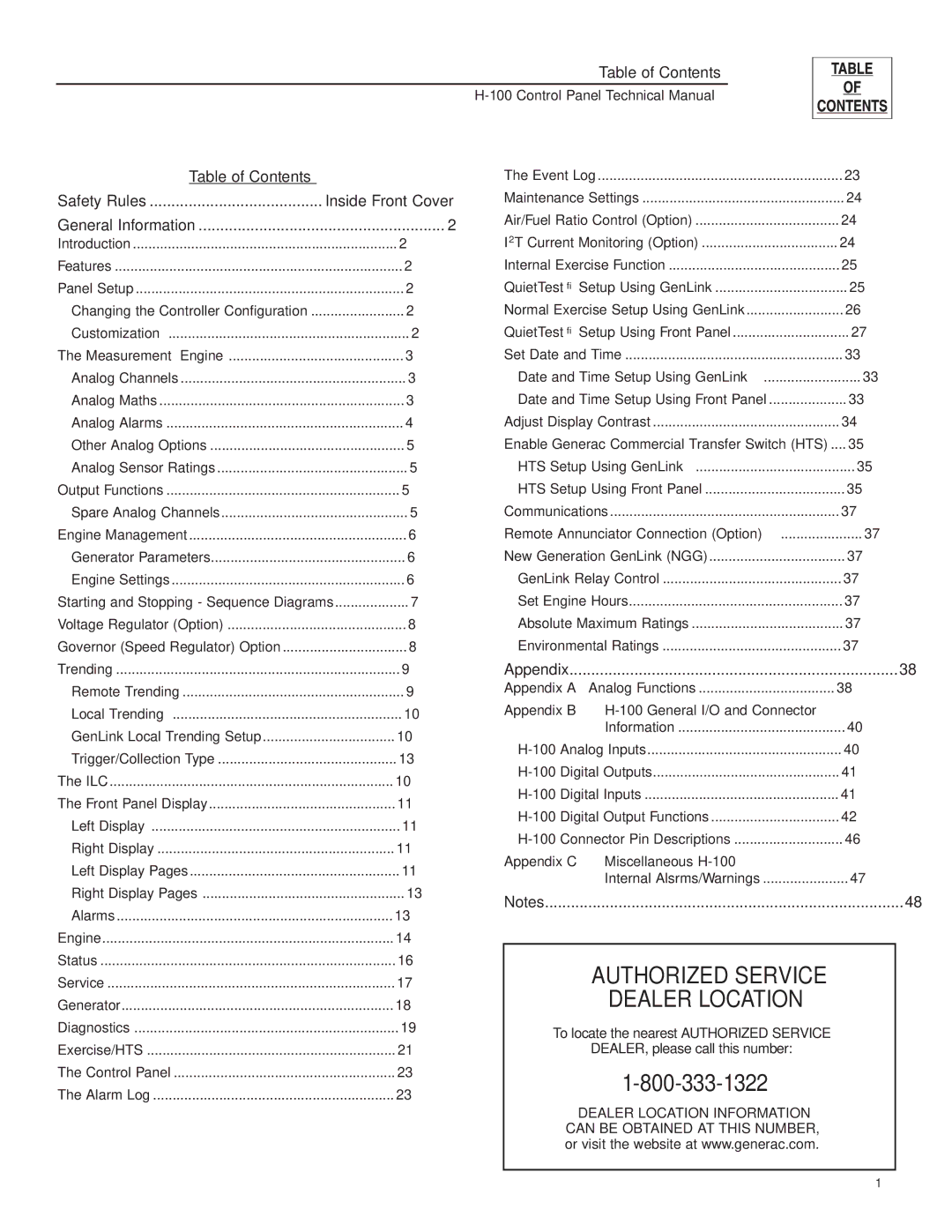 Generac Power Systems H-100 technical manual Authorized Service Dealer Location, Inside Front Cover 