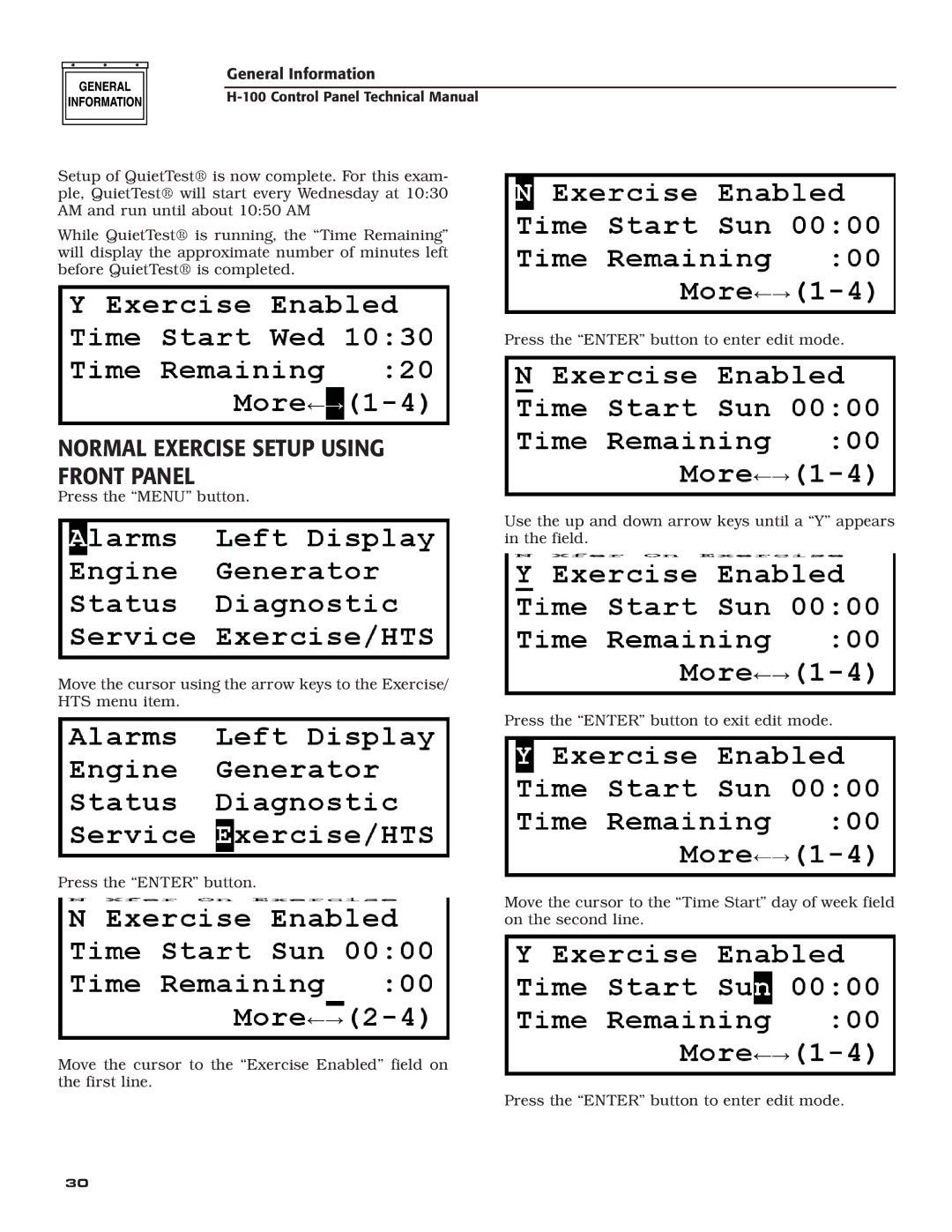 Generac Power Systems H-100 technical manual Normal Exercise Setup Using Front Panel 