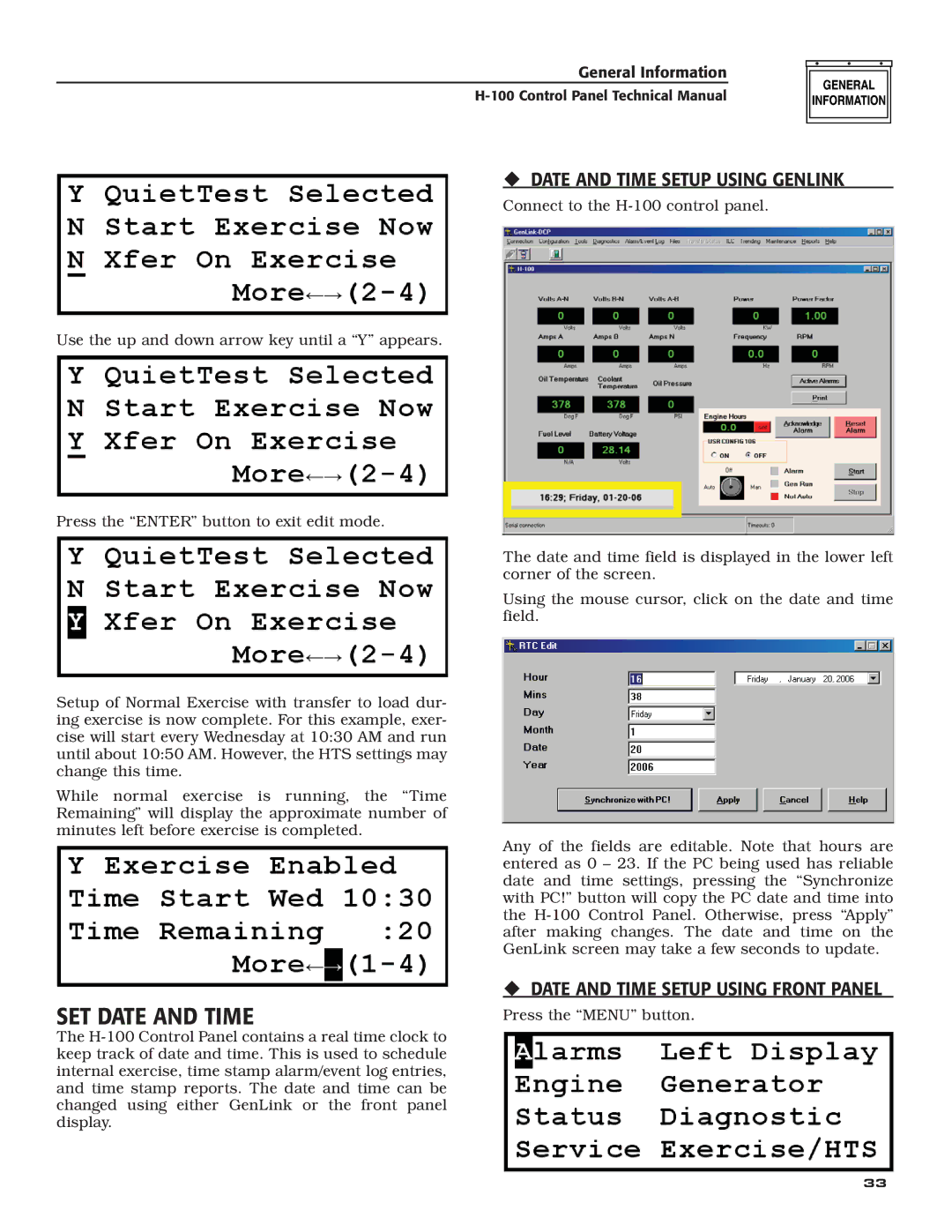 Generac Power Systems H-100 technical manual SET Date and Time, ‹ Date and Time Setup Using Genlink 