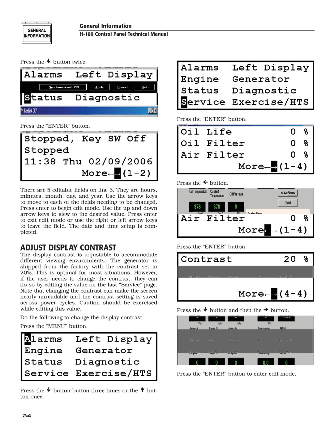 Generac Power Systems H-100 technical manual Adjust Display Contrast 