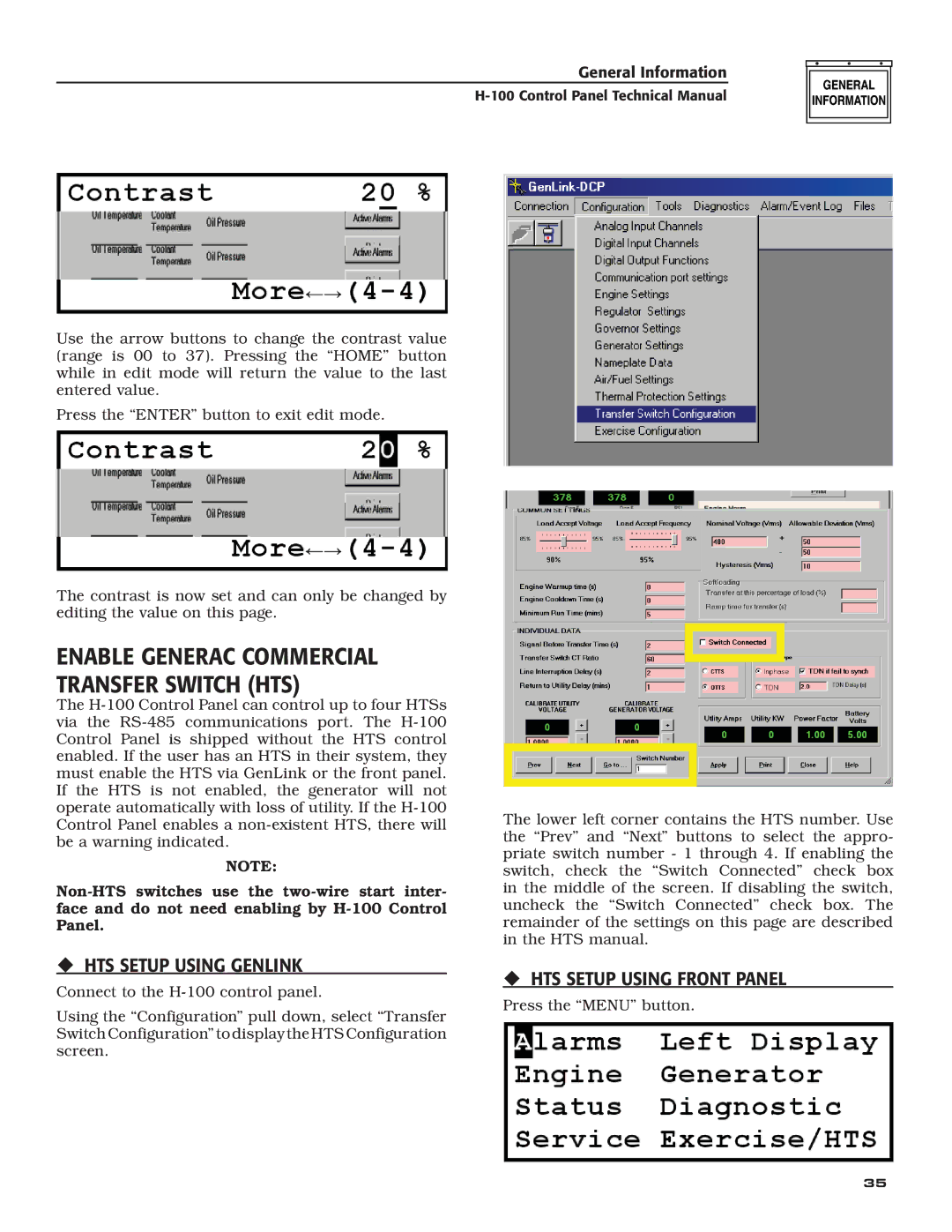 Generac Power Systems H-100 technical manual ‹ HTS Setup Using Genlink, ‹ HTS Setup Using Front Panel 