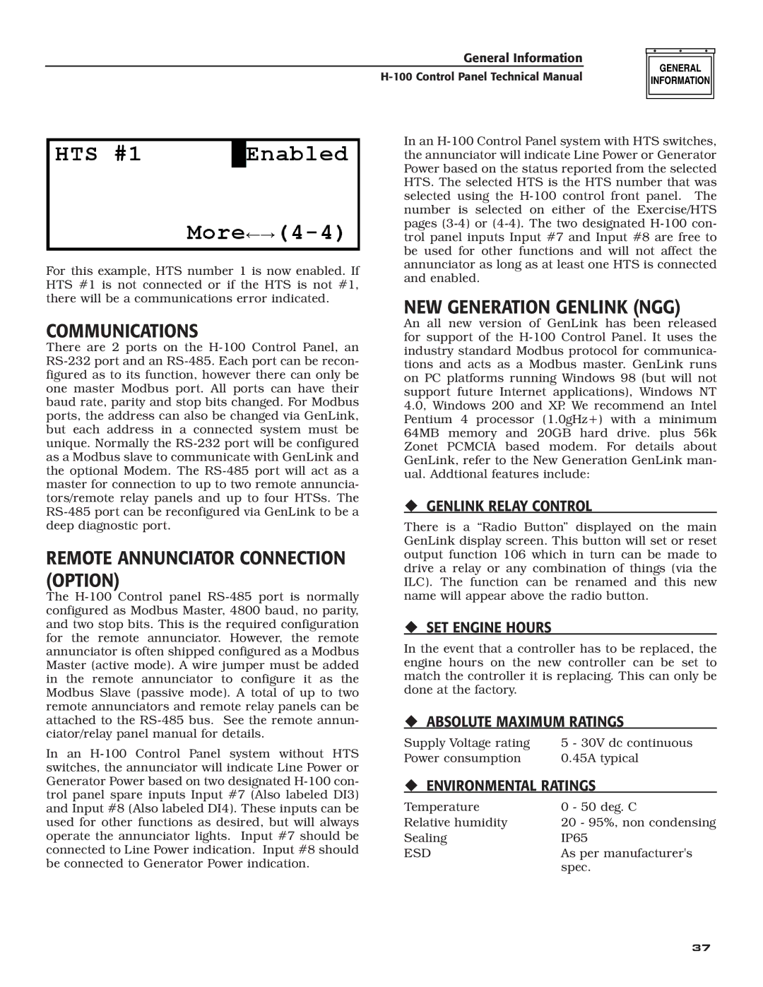 Generac Power Systems H-100 NEW Generation Genlink NGG Communications, Remote Annunciator Connection Option 