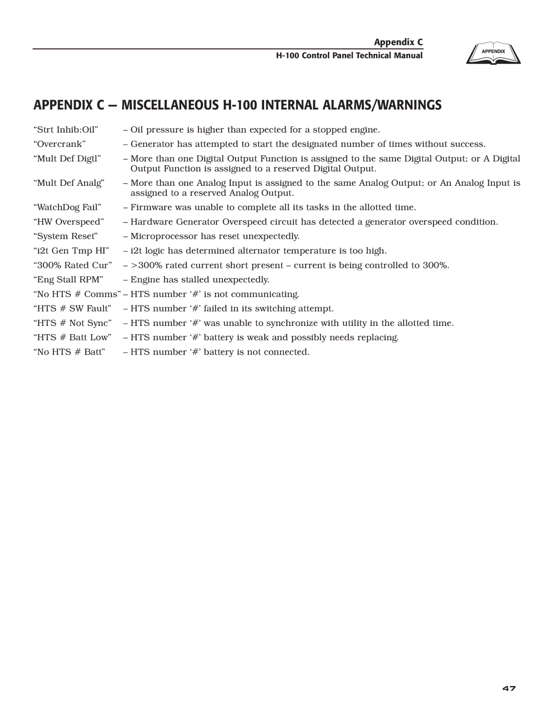 Generac Power Systems technical manual Appendix C Miscellaneous H-100 Internal ALARMS/WARNINGS 