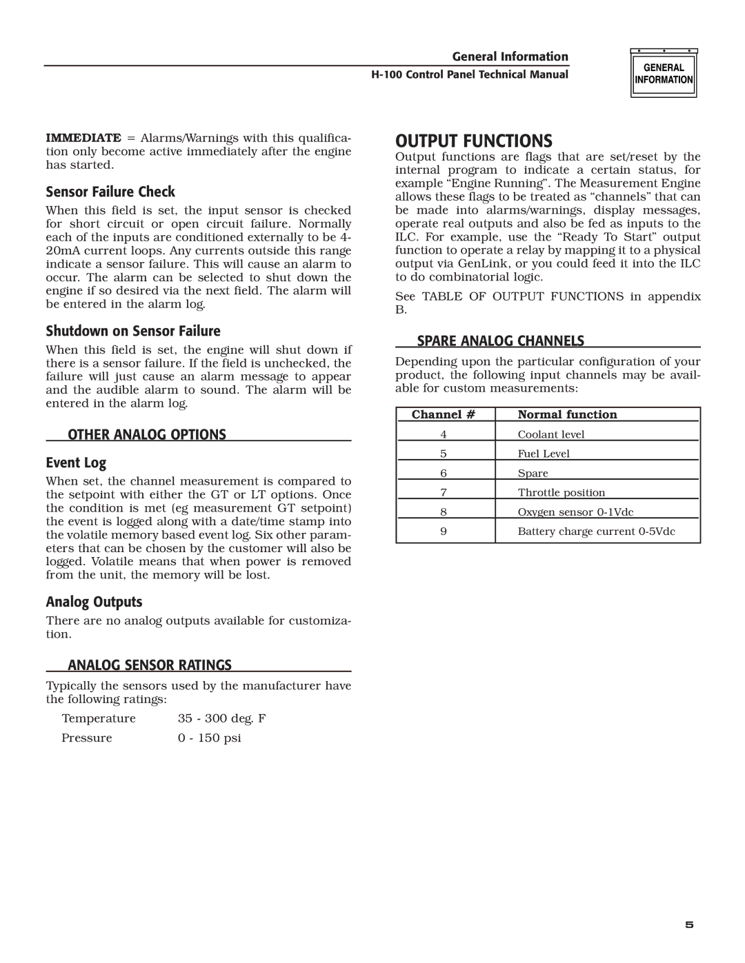 Generac Power Systems H-100 Output Functions, ‹ Other Analog Options, ‹ Spare Analog Channels, ‹ Analog Sensor Ratings 