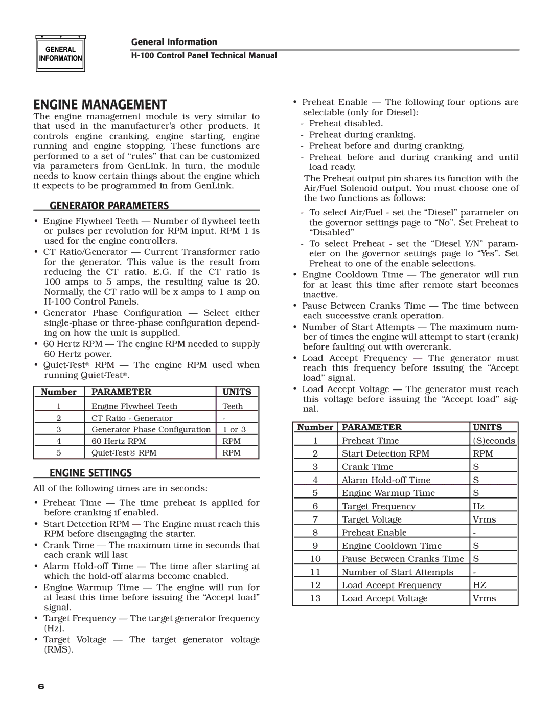 Generac Power Systems H-100 Engine Management, ‹ Generator Parameters, ‹ Engine Settings, Parameter Units, Rpm 