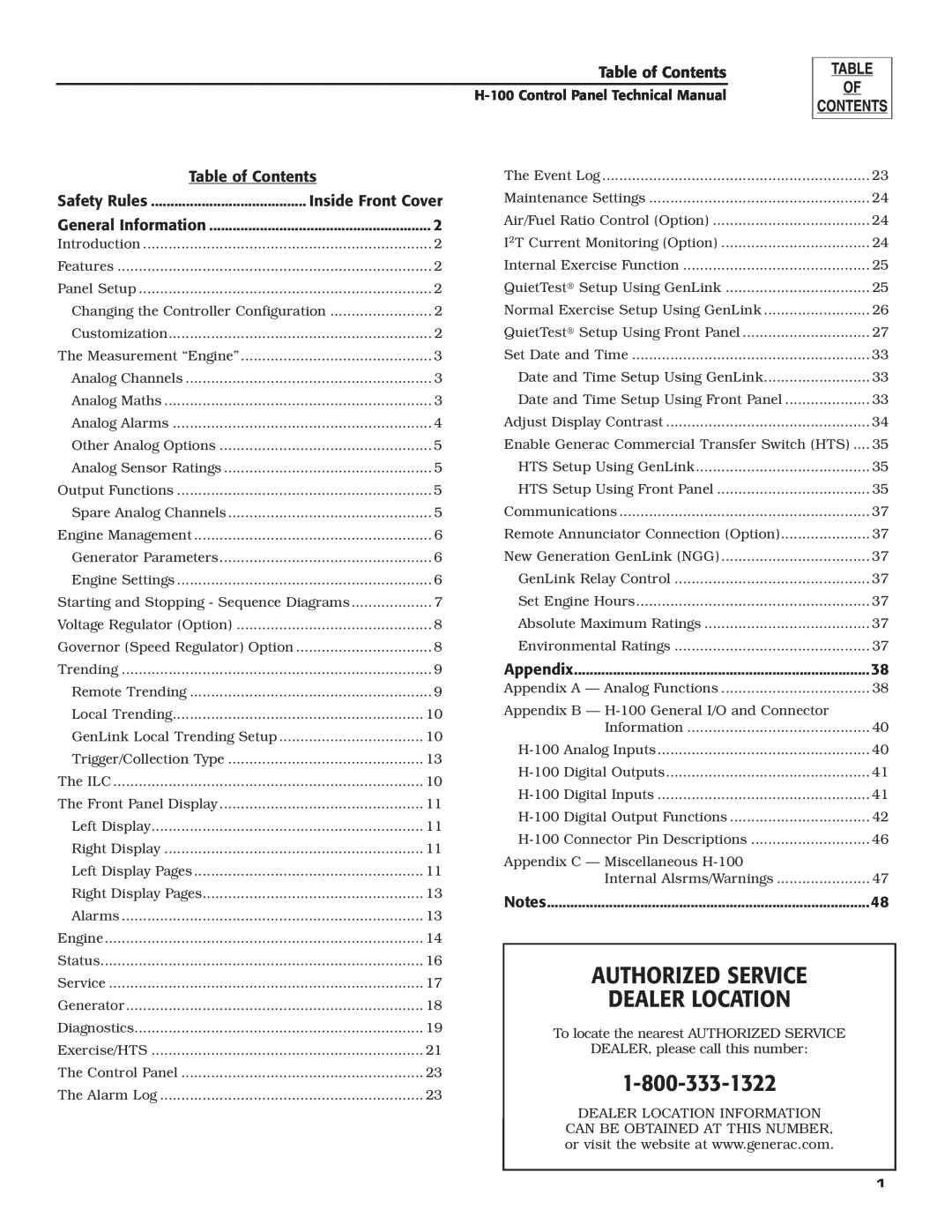 Generac Power Systems H-100 Authorized Service Dealer Location, Table of Contents, Inside Front Cover, Safety Rules 