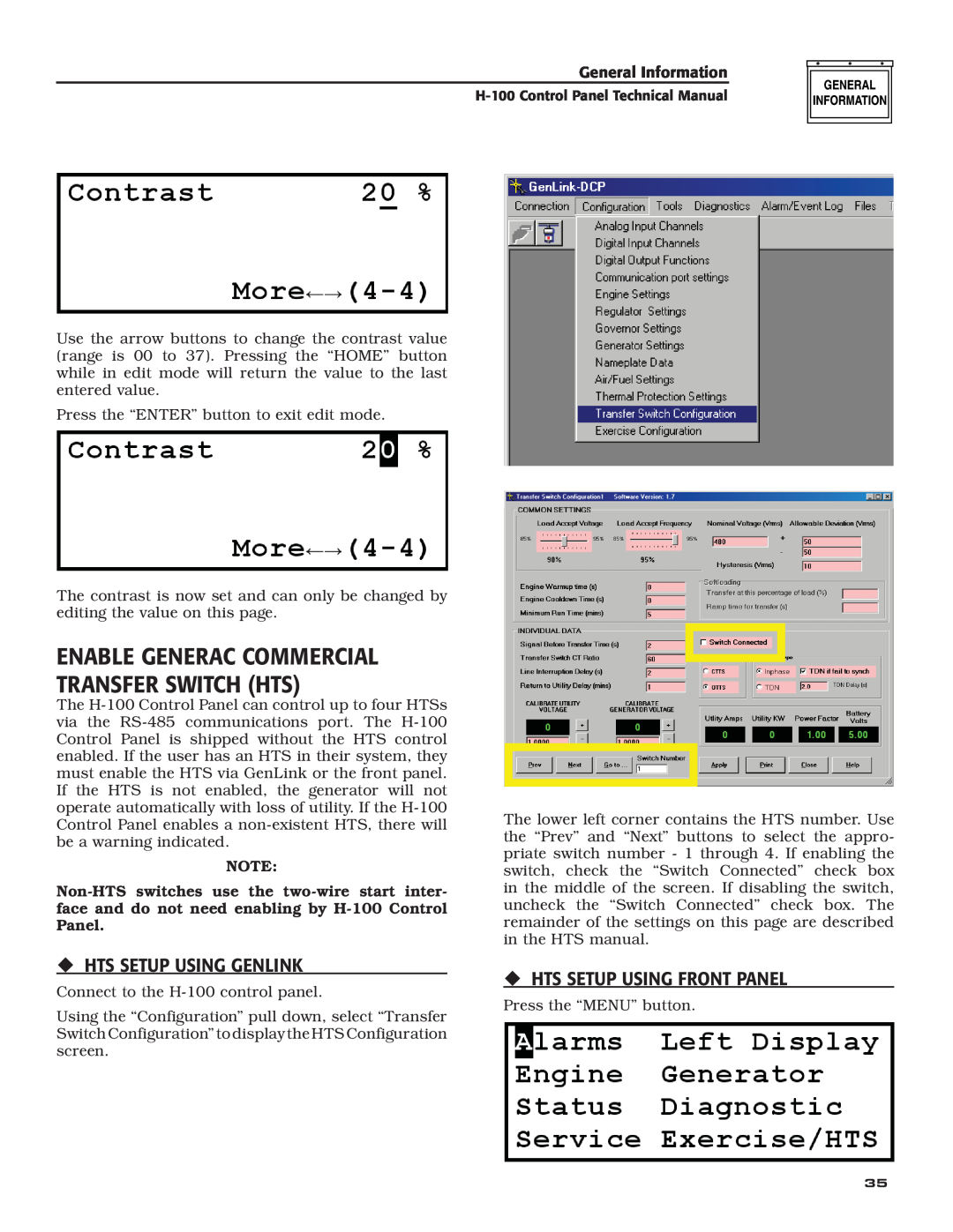 Generac Power Systems H-100 technical manual ‹Hts Setup Using Genlink, ‹Hts Setup Using Front Panel, General Information 
