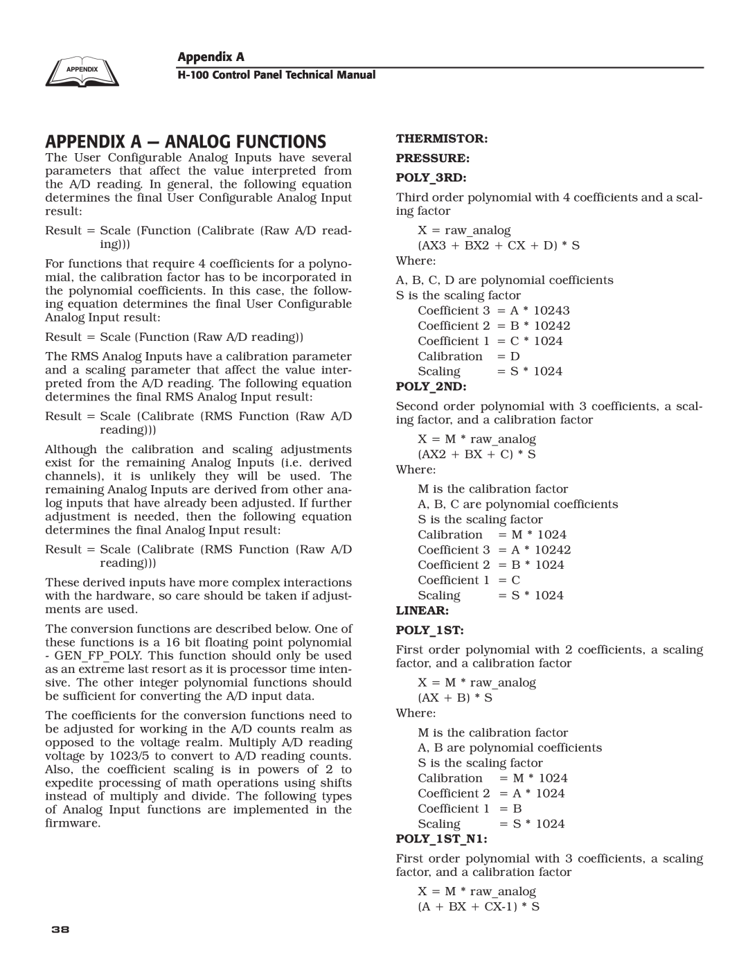 Generac Power Systems H-100 technical manual Appendix A - Analog Functions 