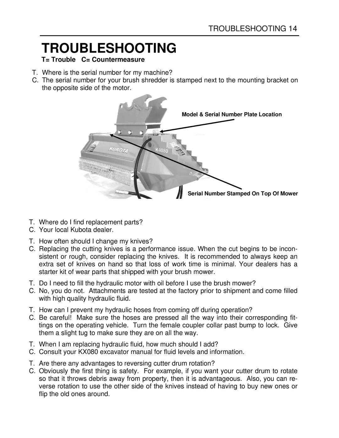 Generac Power Systems K4080 manual Troubleshooting, = Trouble C= Countermeasure 