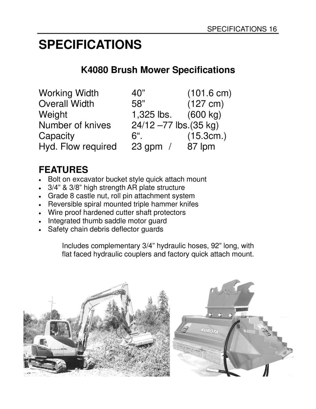 Generac Power Systems manual K4080 Brush Mower Specifications 