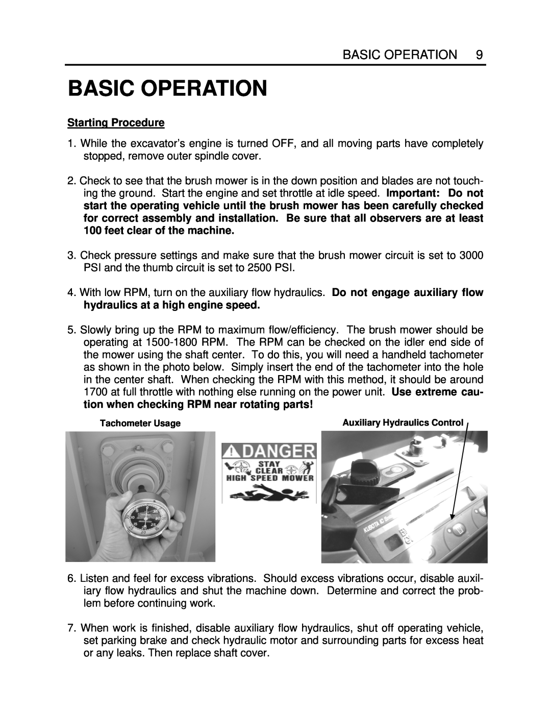 Generac Power Systems K4080 manual Basic Operation, Starting Procedure, Tachometer Usage, Auxiliary Hydraulics Control 