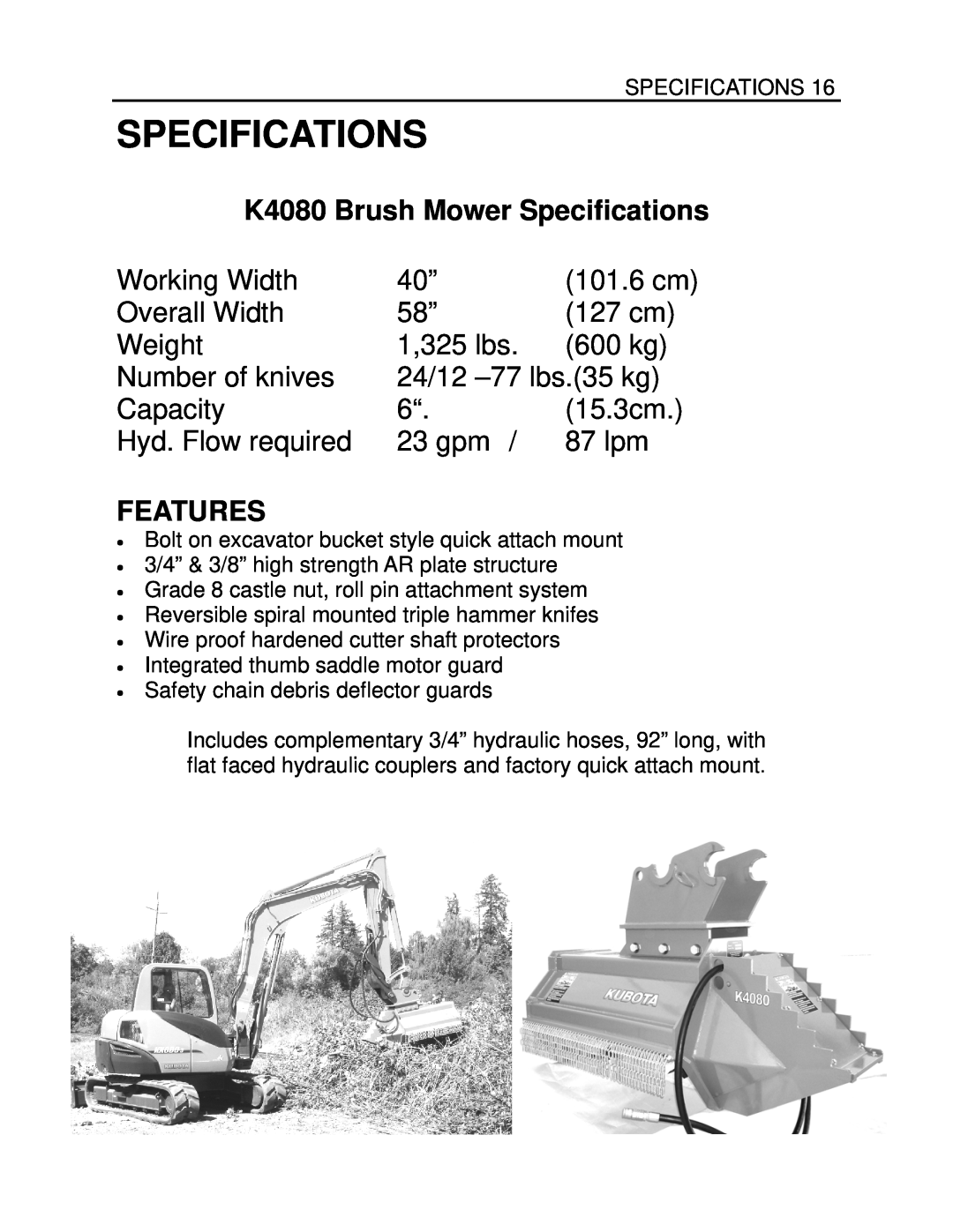 Generac Power Systems manual K4080 Brush Mower Specifications, Features 