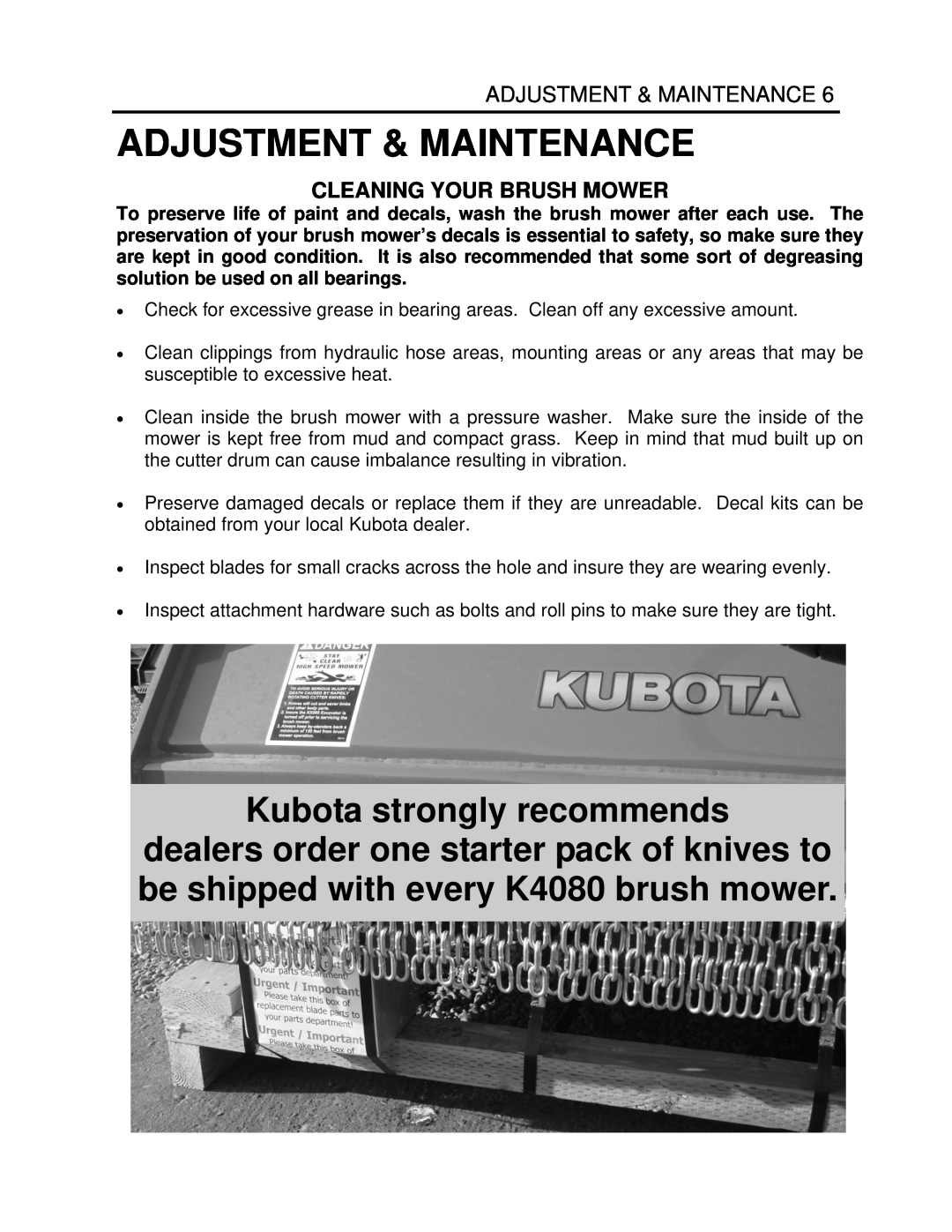 Generac Power Systems K4080 manual Adjustment & Maintenance, Kubota strongly recommends 
