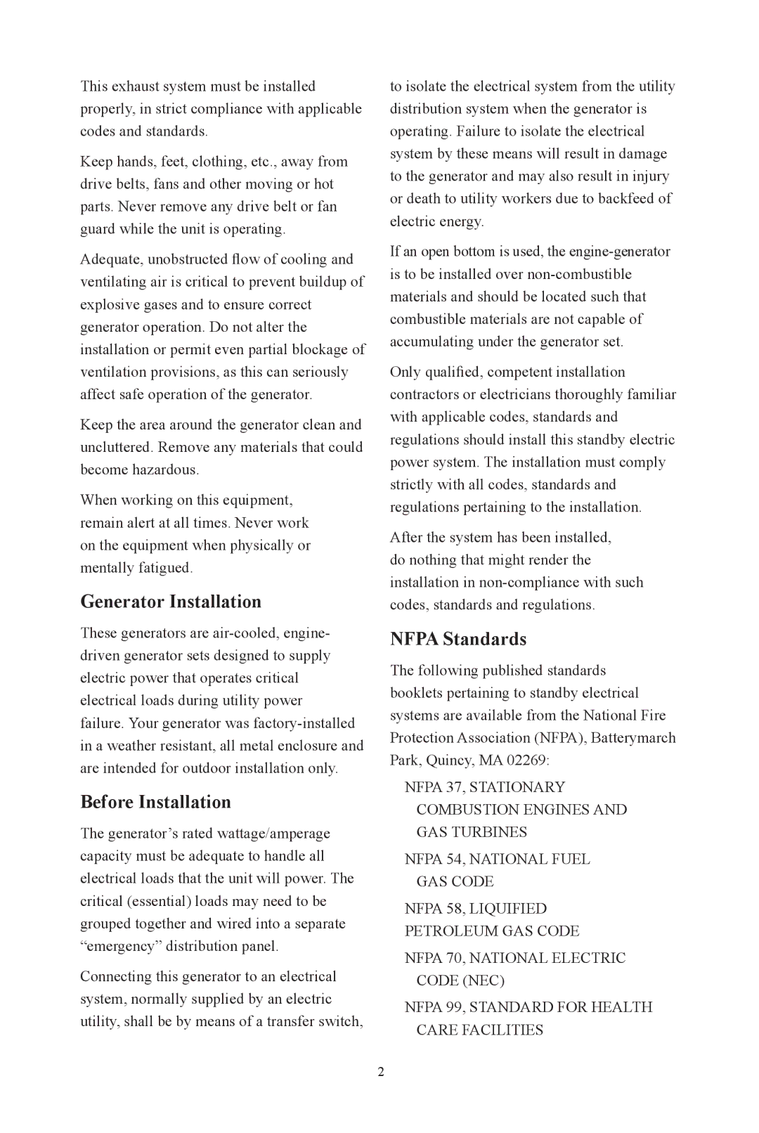 Generac Power Systems OG 2697 manual Generator Installation, Before Installation, Nfpa Standards 