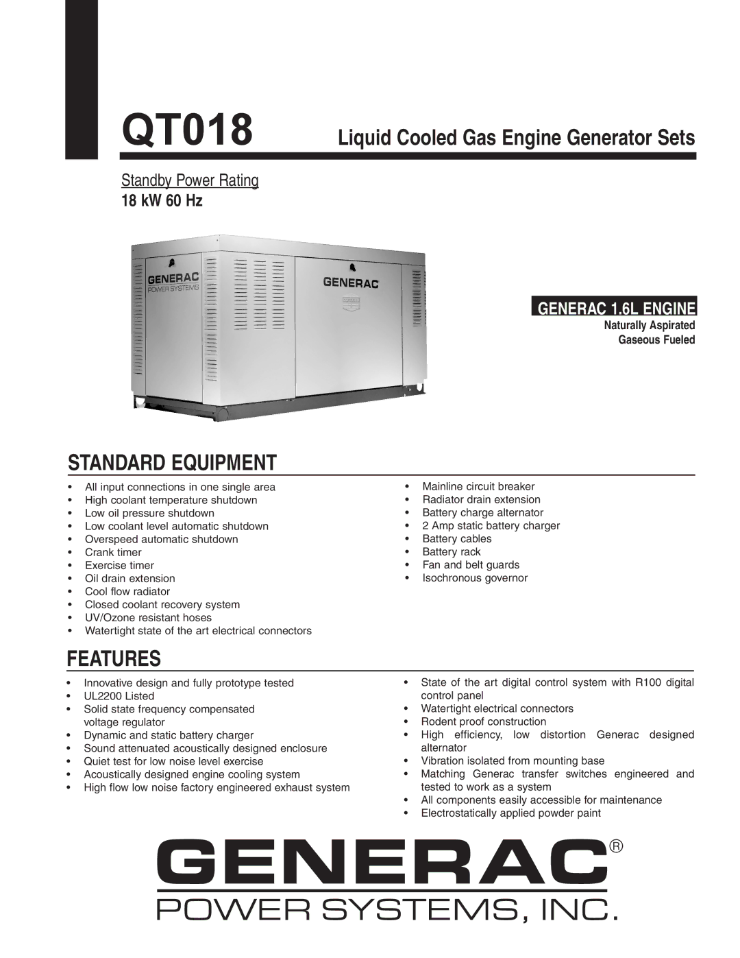 Generac Power Systems QT018 manual Standard Equipment, Features 