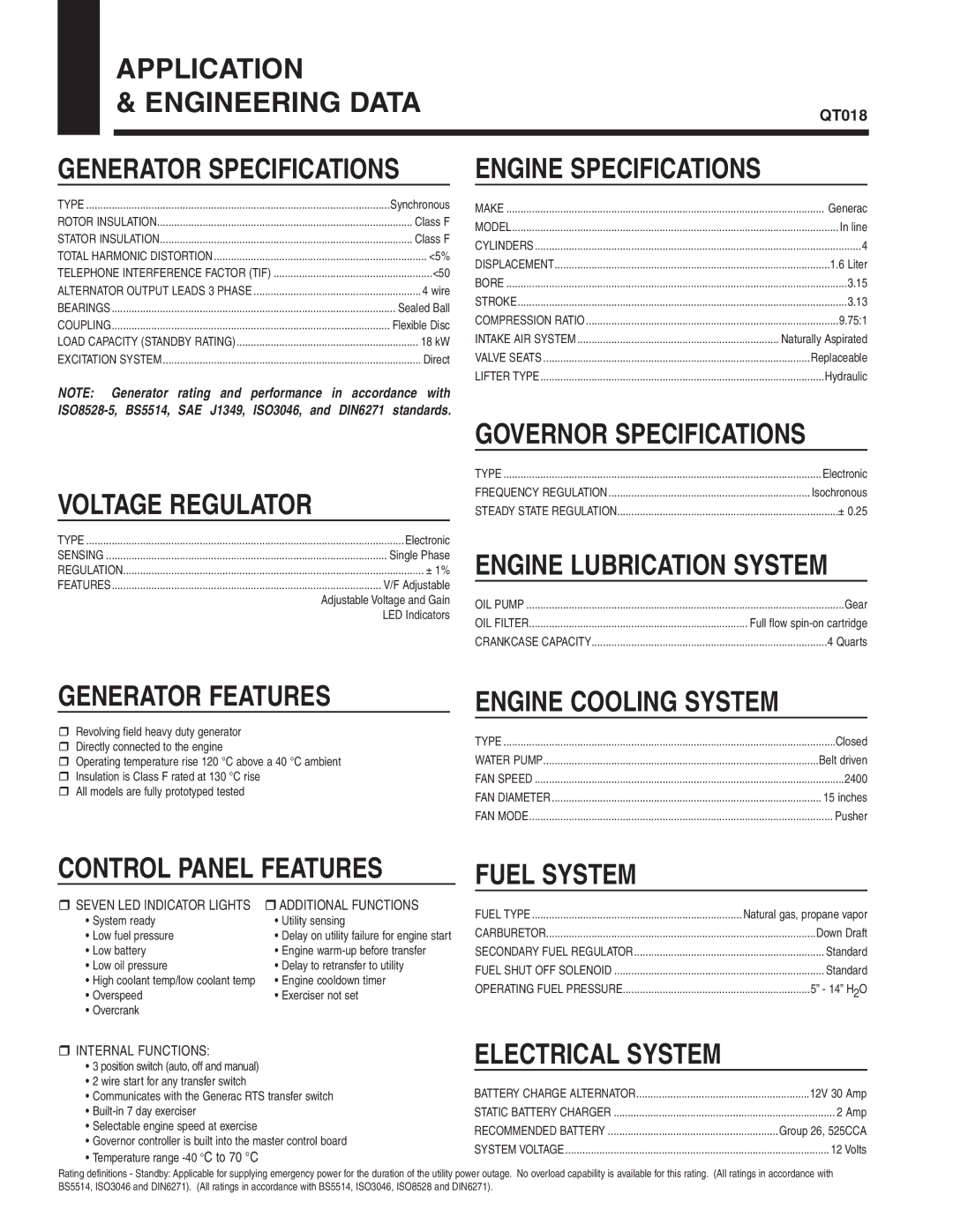 Generac Power Systems QT018 Application Engineering Data, Engine Specifications, Voltage Regulator, Generator Features 