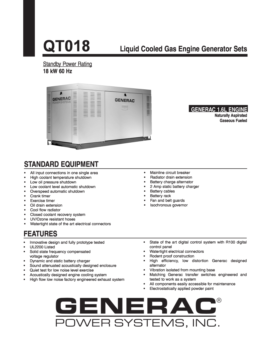 Generac Power Systems QT018 manual Liquid Cooled Gas Engine Generator Sets, Standby Power Rating, 18 kW 60 Hz 