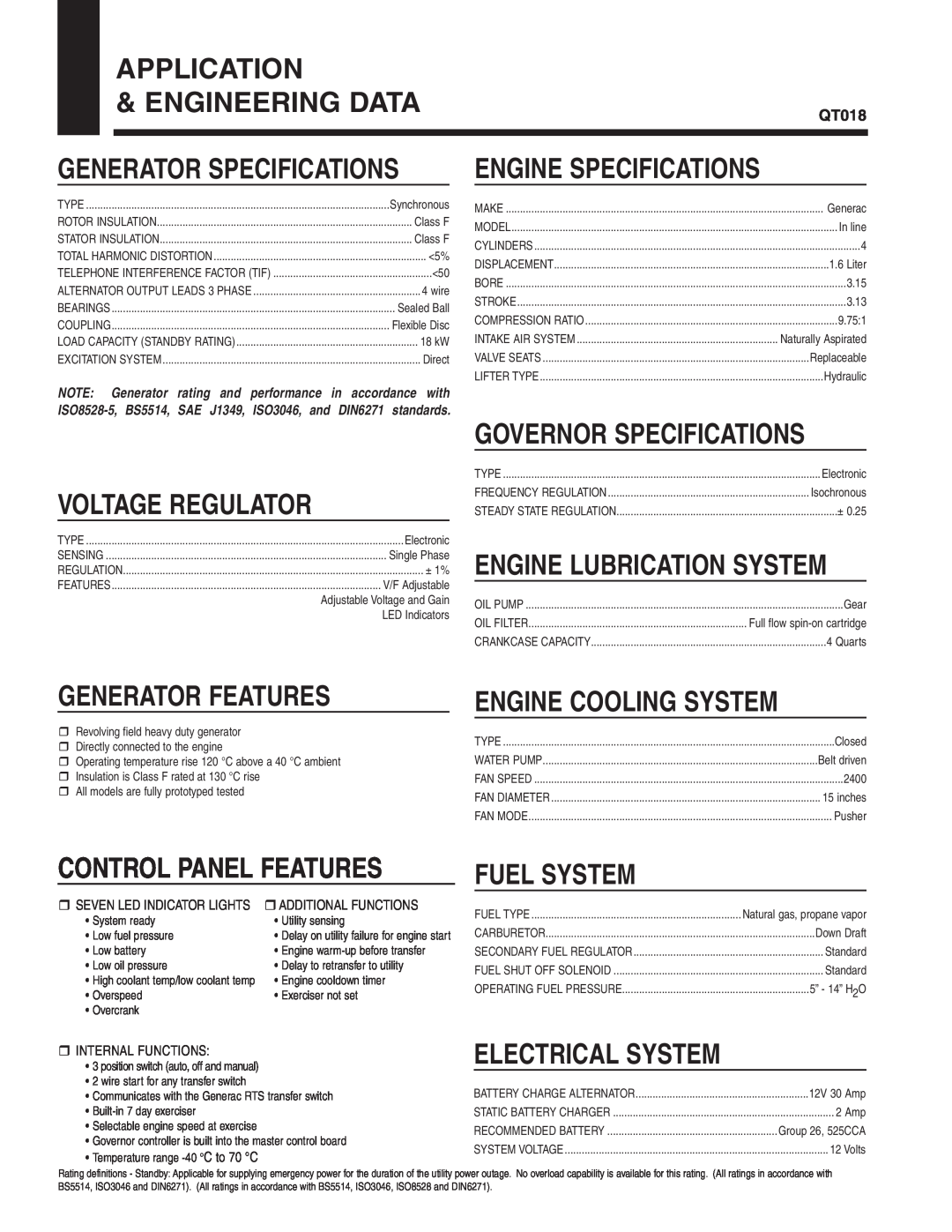 Generac Power Systems QT018 manual Application 