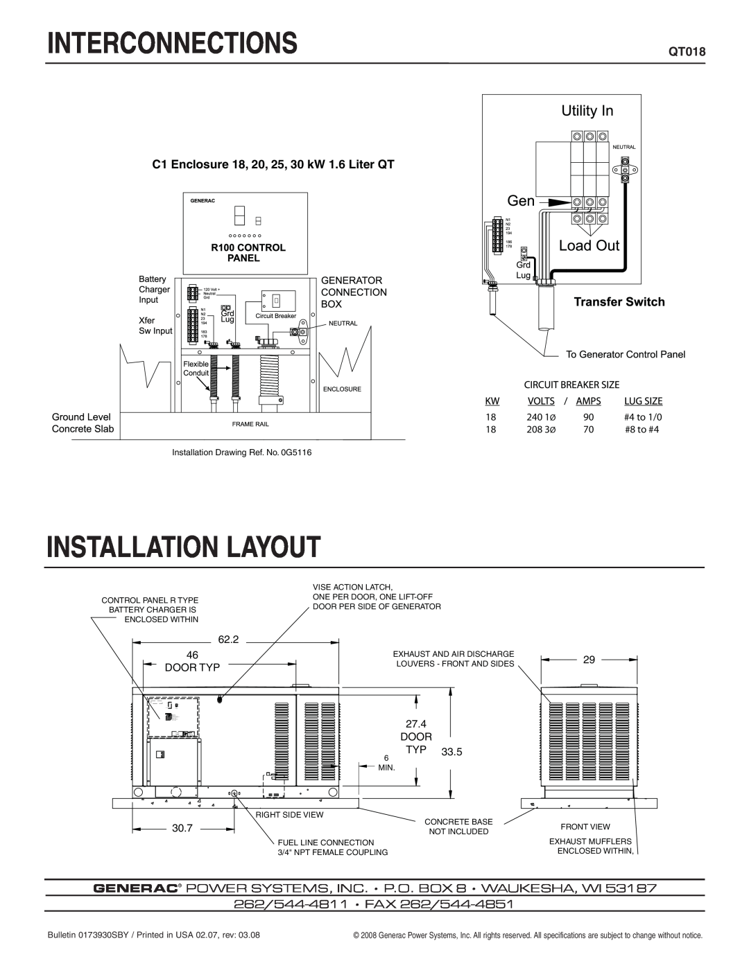 Generac Power Systems QT018 manual Interconnections, Installation Layout, C1 Enclosure 18, 20, 25, 30 kW 1.6 Liter QT 