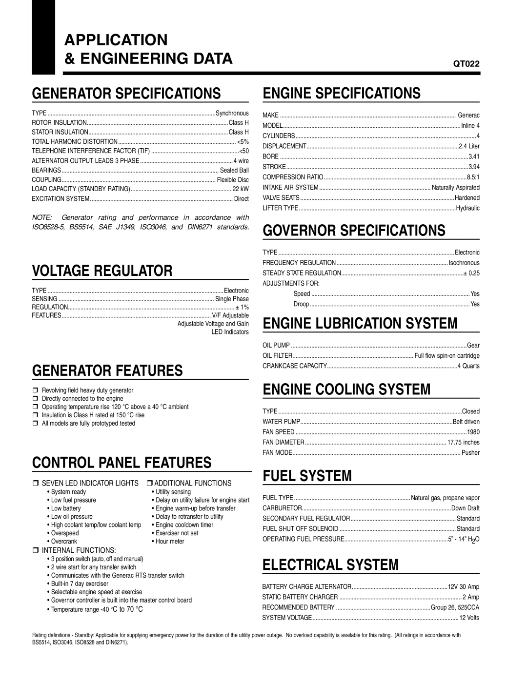 Generac Power Systems QT02224 Application Engineering Data, Engine Specifications, Voltage Regulator, Generator Features 