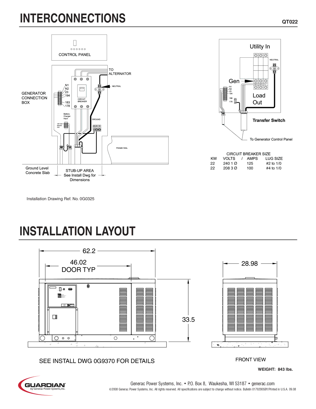 Generac Power Systems QT02224 manual Installation Layout, Installation Drawing Ref. No G0325 