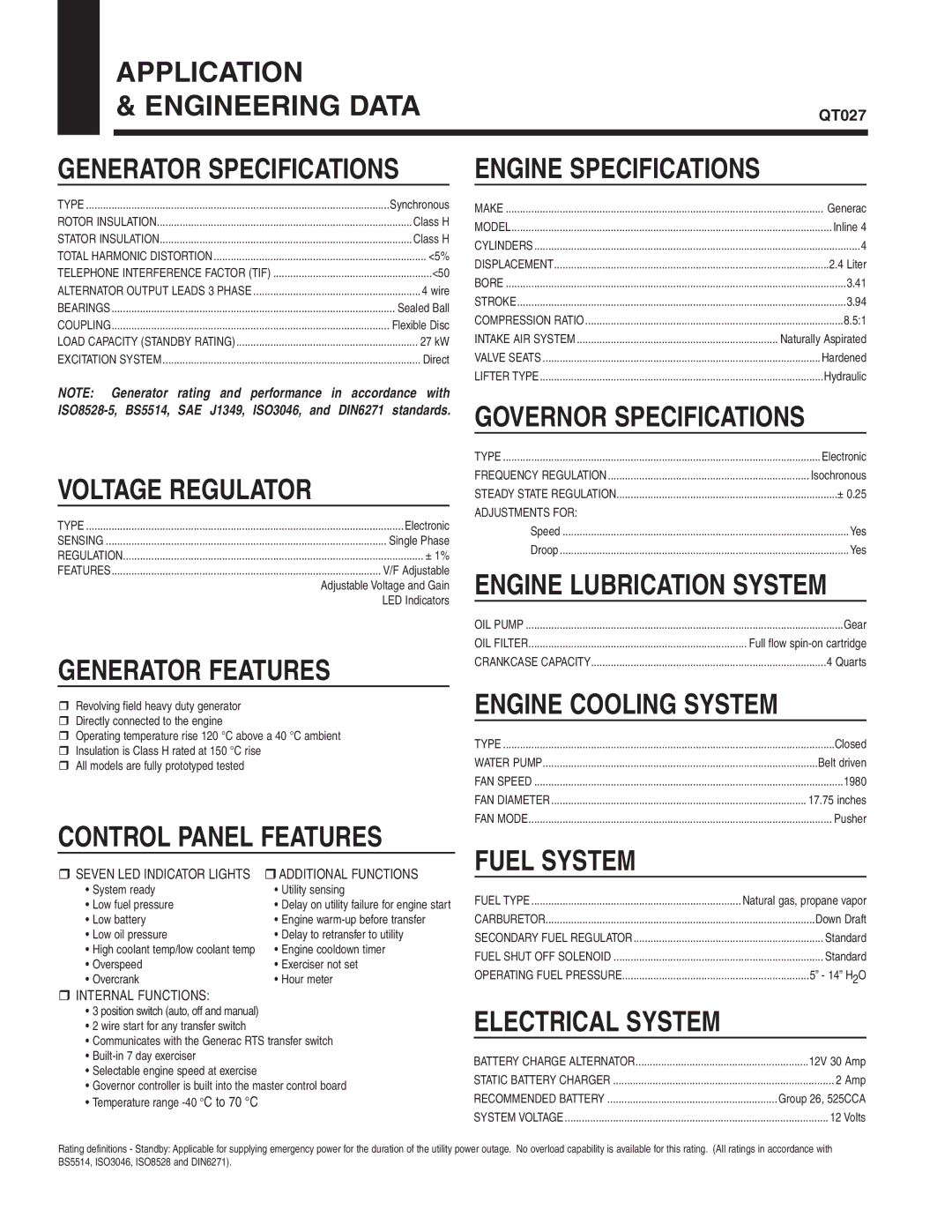 Generac Power Systems QT02724JNAX Application Engineering Data, Engine Specifications, Voltage Regulator, Fuel System 