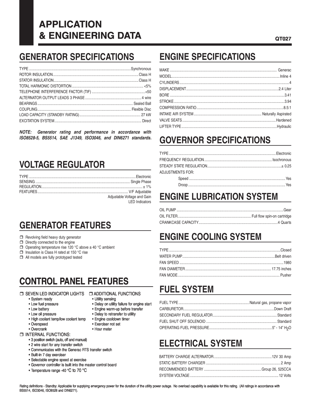 Generac Power Systems QT02724JNAX Application, Engineering Data, Engine Specifications, Voltage Regulator, Fuel System 