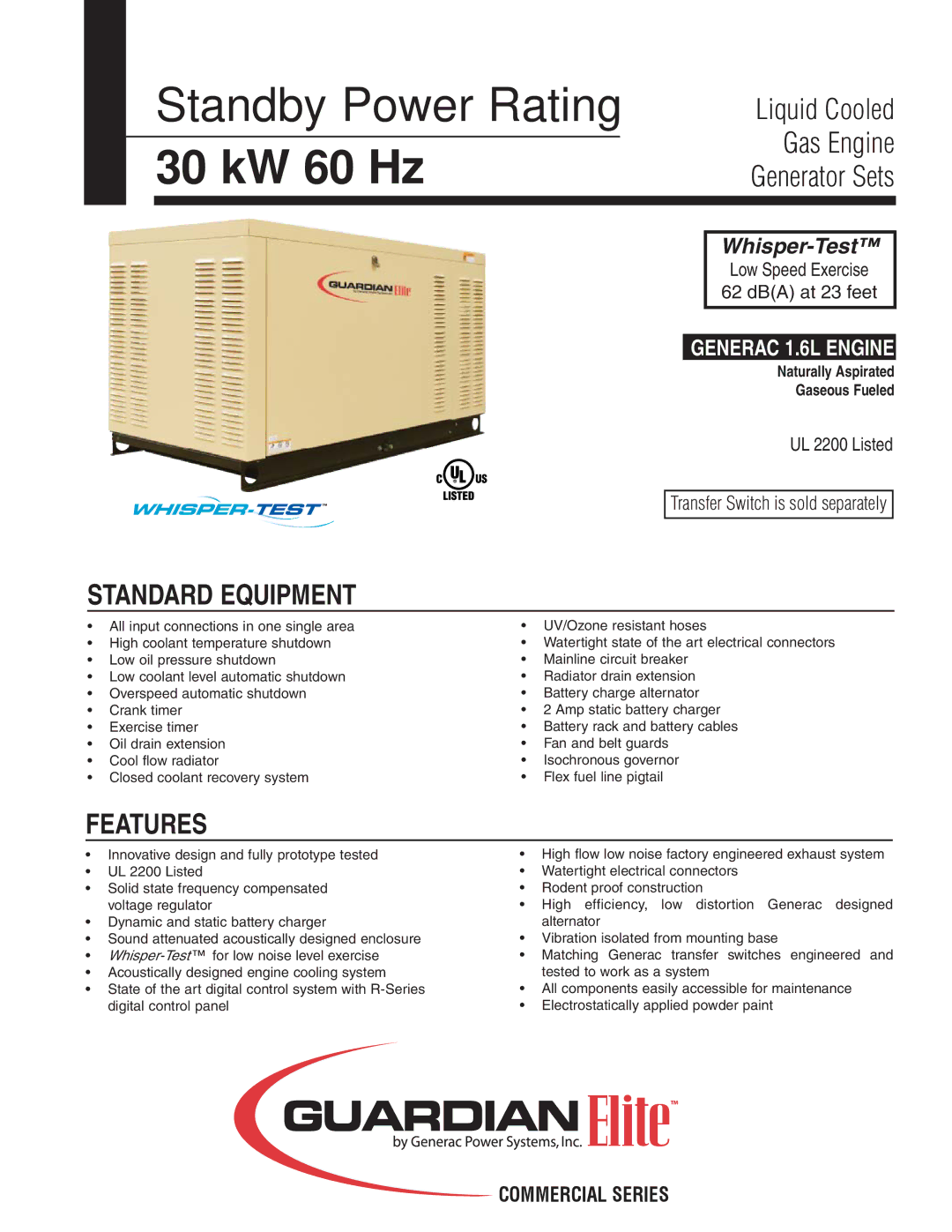 Generac Power Systems QT036 manual Standard Equipment, Features 