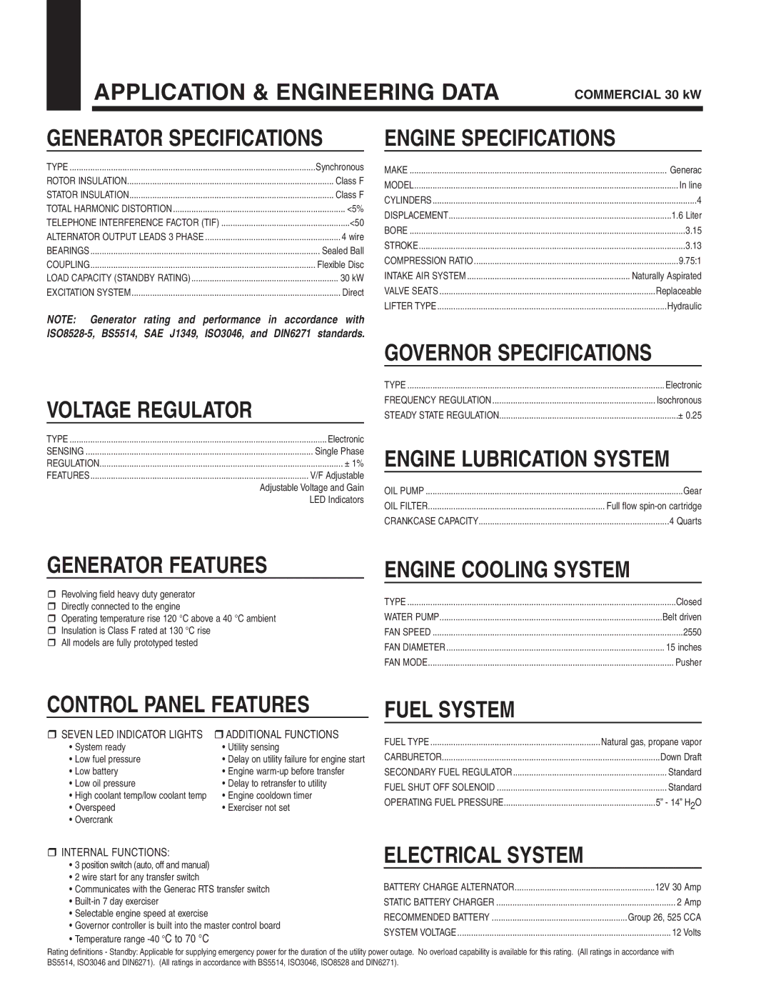 Generac Power Systems QT036 Application & Engineering Data, Engine Specifications, Voltage Regulator, Generator Features 