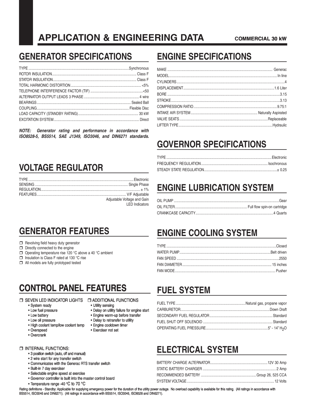 Generac Power Systems QT036 Application & Engineering Data, Engine Specifications, Voltage Regulator, Generator Features 