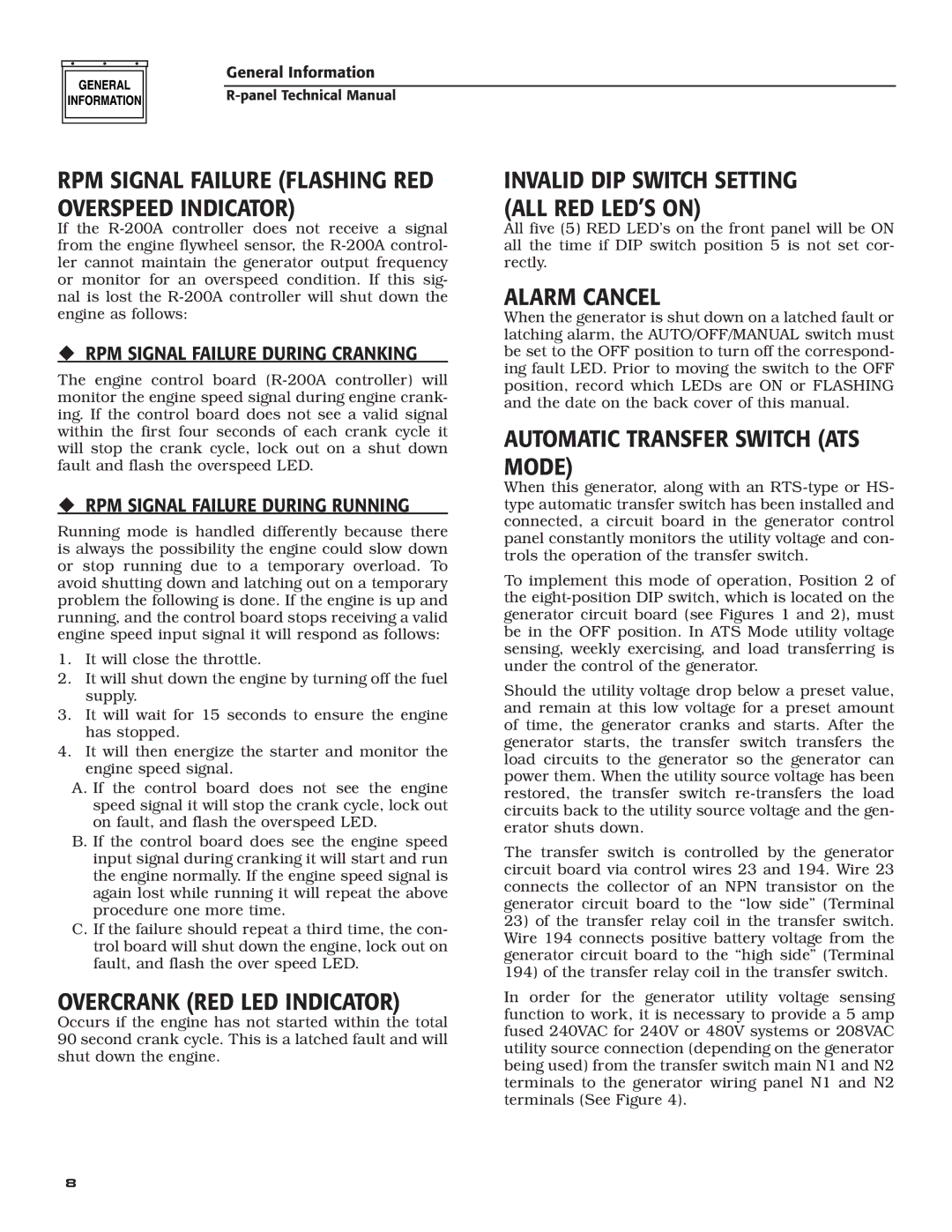 Generac Power Systems R-200A RPM Signal Failure Flashing RED Overspeed Indicator, Overcrank RED LED Indicator 
