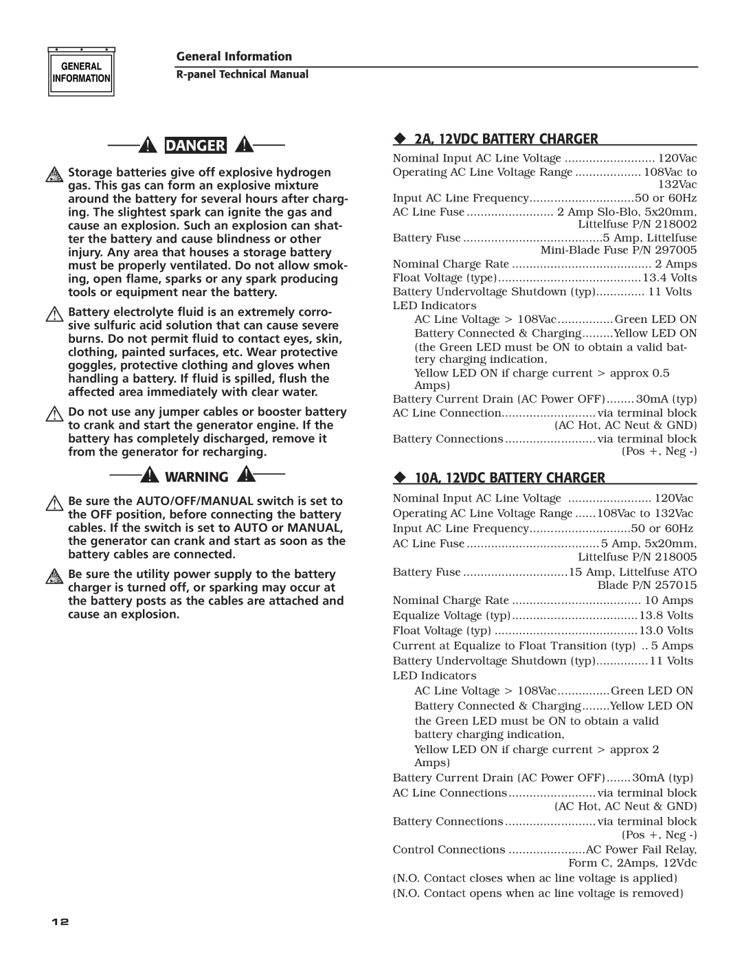 Generac Power Systems R-200A technical manual ‹ 2A, 12VDC Battery Charger, ‹ 10A, 12VDC Battery Charger 